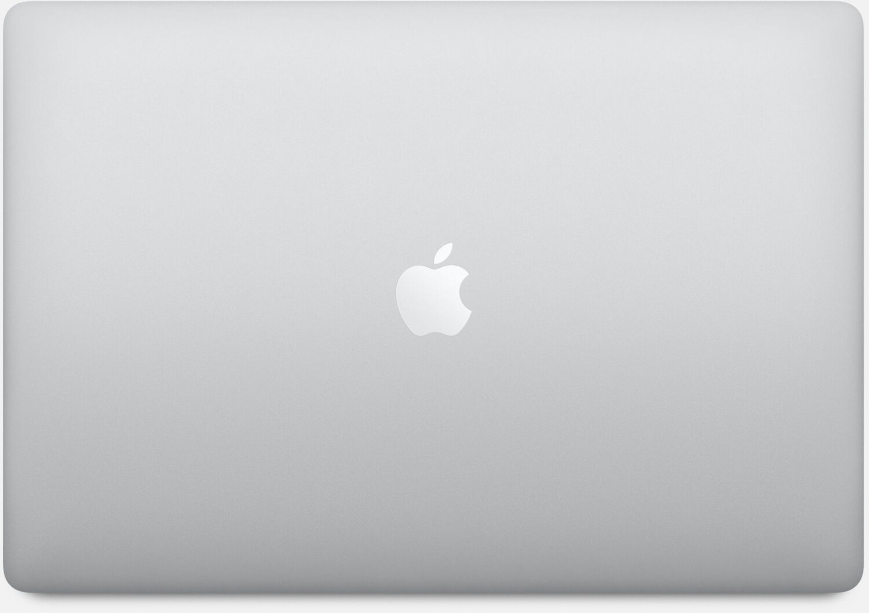 La parte trasera de un portátil plateado con un logotipo de Apple. El fondo es blanco.