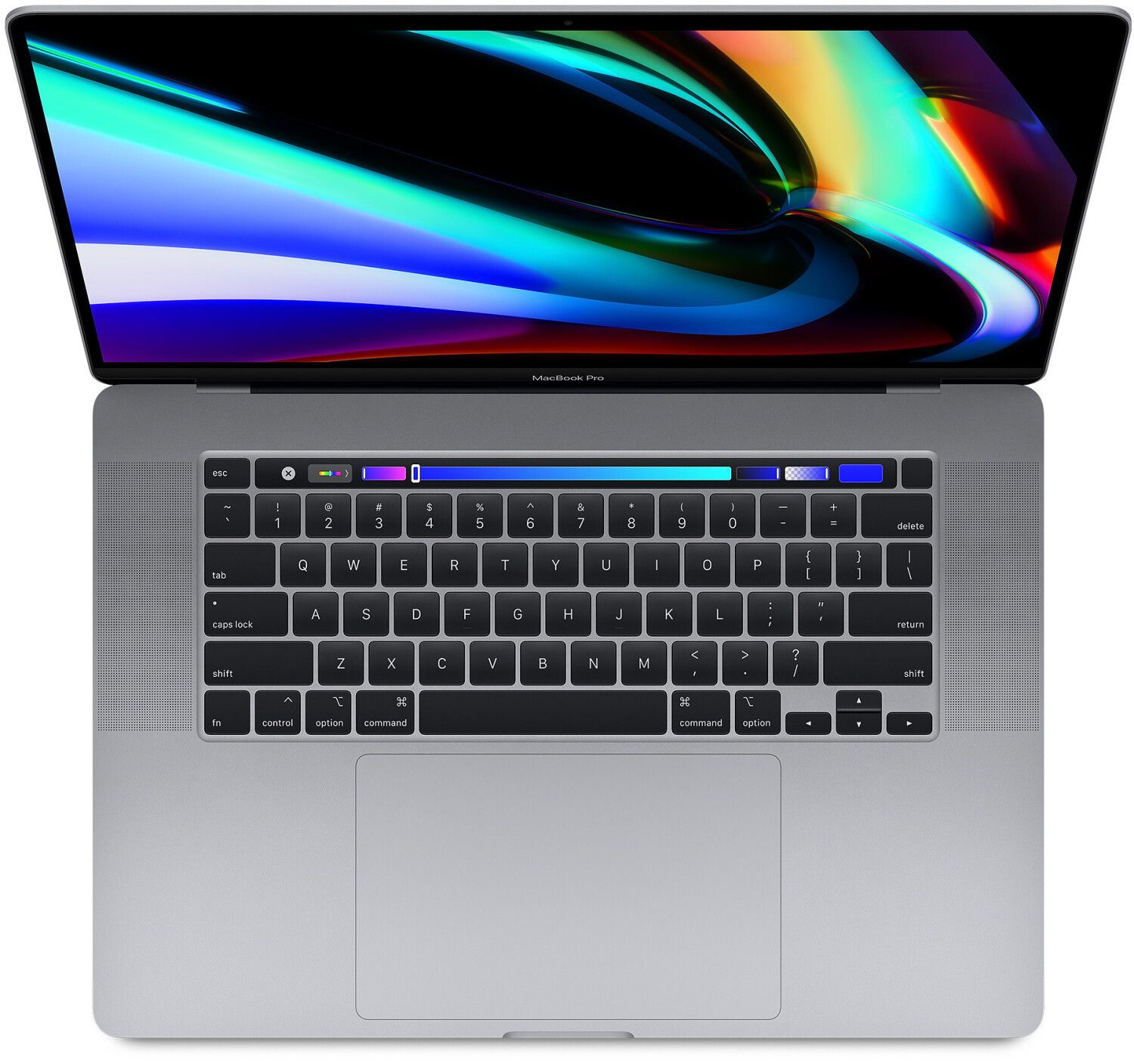 Vista superior de un teclado de portátil. La pantalla muestra un diseño abstracto y colorido.