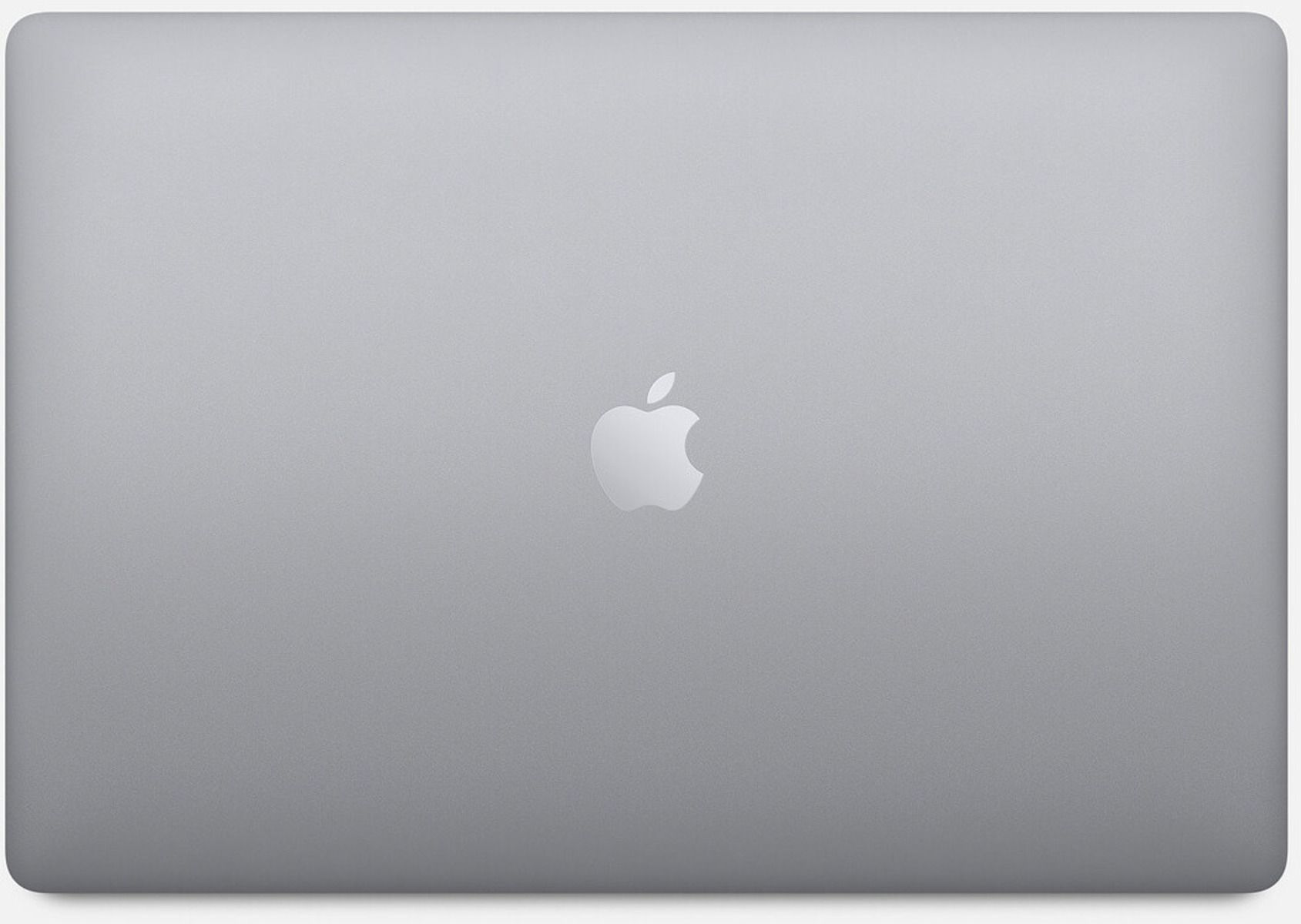 Macbook plateado, vista superior. Logotipo de Apple en el centro. Superficie gris.