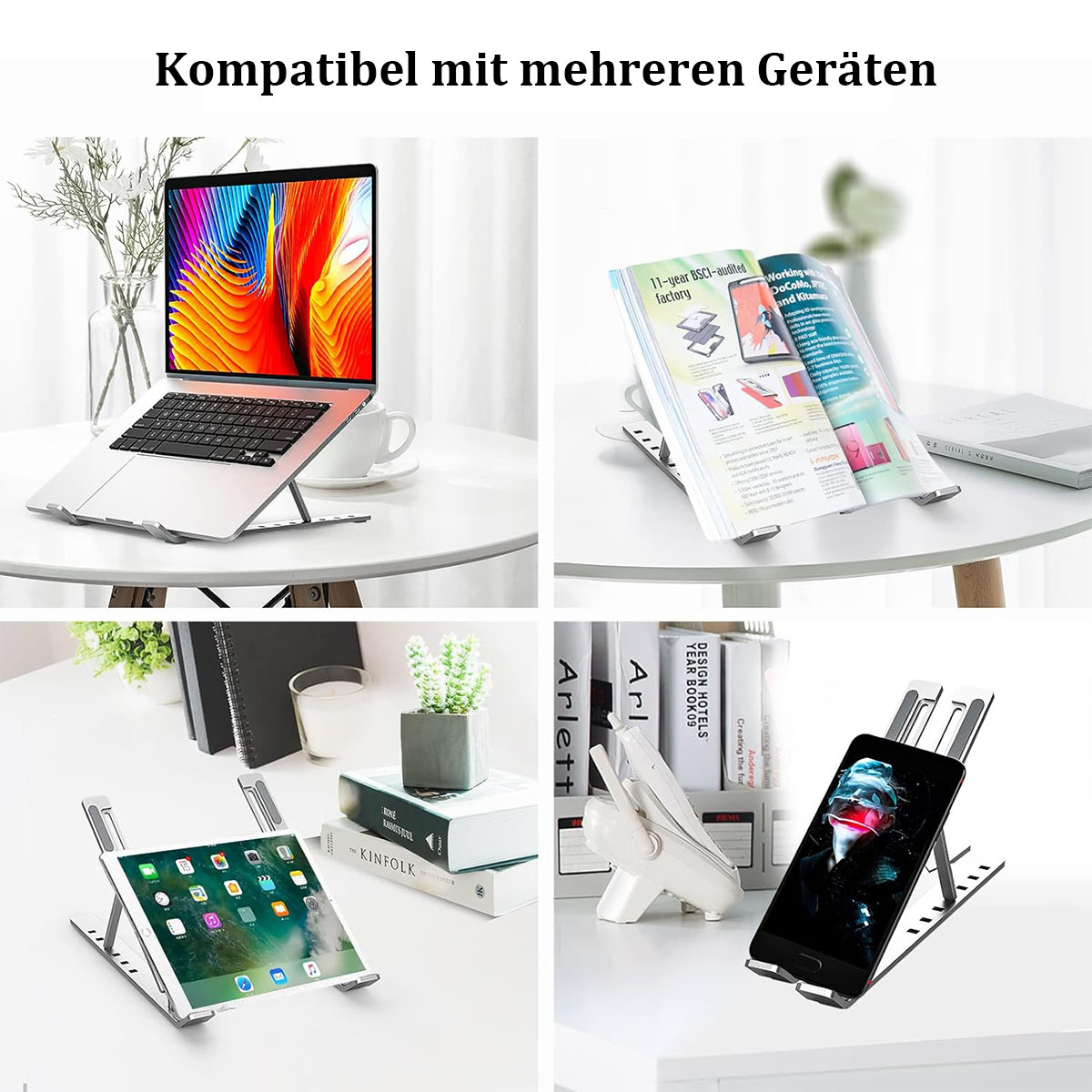 Mehrere Geräte, Laptop, Tablet und Telefon auf Ständern. Weiße Tische, Bücher und eine Tasse sind ebenfalls vorhanden.