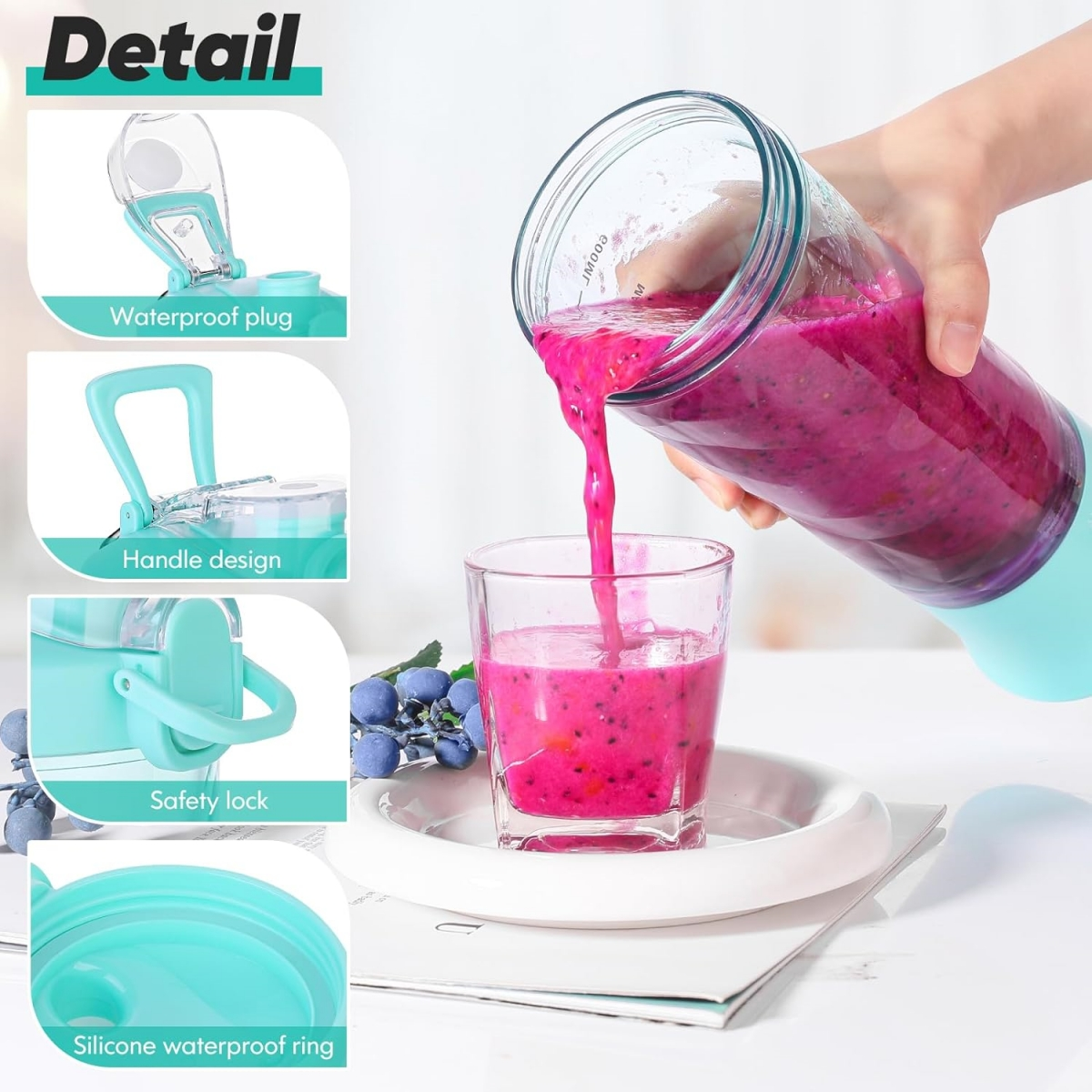 Eine Hand gießt einen rosa Smoothie aus einem Mixer in ein Glas.