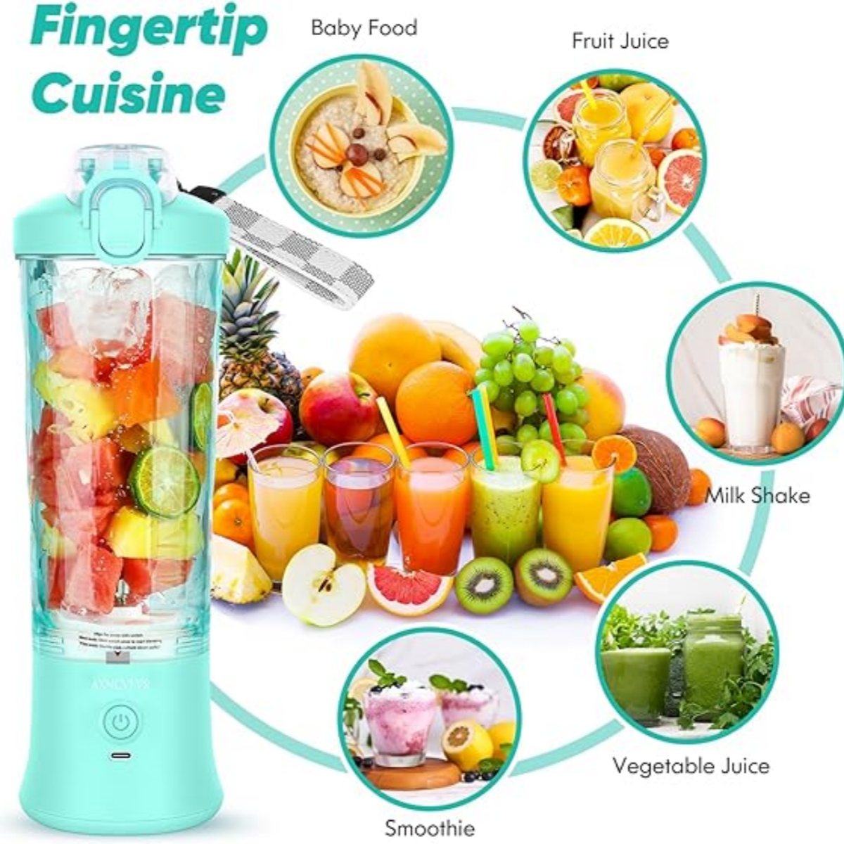 Ein tragbarer Mixer mit Früchten und Säften. Enthält Smoothies, Babynahrung und Milchshakes.