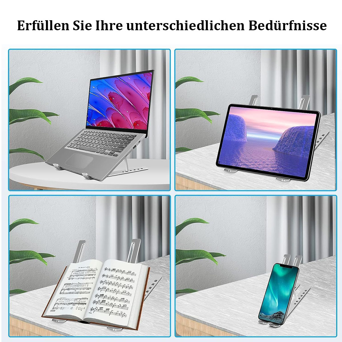 Vier Bilder, die verschiedene Geräte auf Ständern zeigen: Laptop, Tablet, Buch und Telefon, auf einer hellen Oberfläche.
