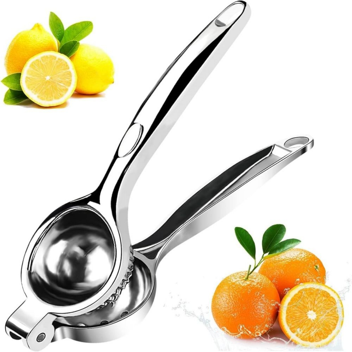 Zitronenpresse aus Edelstahl mit Zitronen und Orangen, halbierte Orange mit Wasserspritzer.