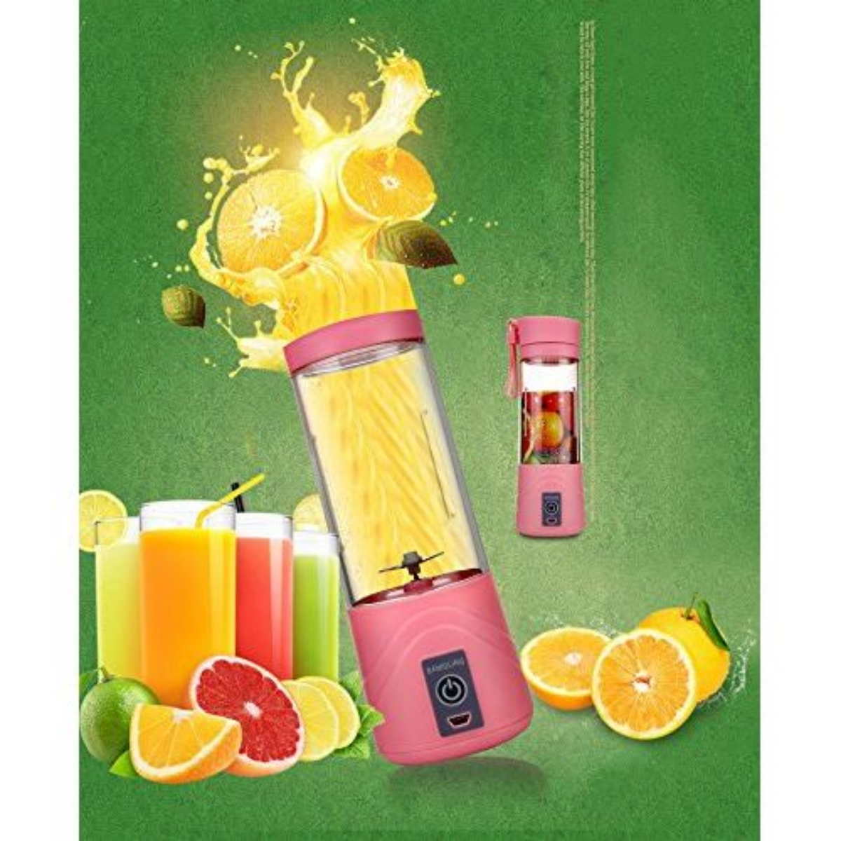 Rosa Mixer mit Orangensaft, Orangen und anderen Früchten auf grünem Hintergrund. Der Mixer hat einen rosa Deckel.