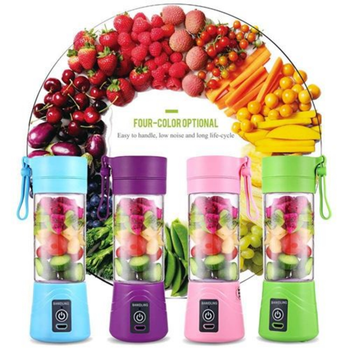 Vier bunte Smoothie-Mixer mit Früchten. Erdbeeren, Himbeeren und andere Früchte umgeben die Mixer.