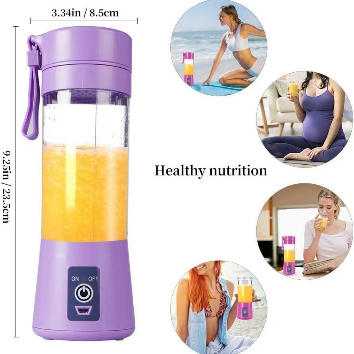 Ein violetter Mixer mit orangefarbener Flüssigkeit. Frauen auf Bildern trinken Saft. Gesunde Ernährung ist das Thema.