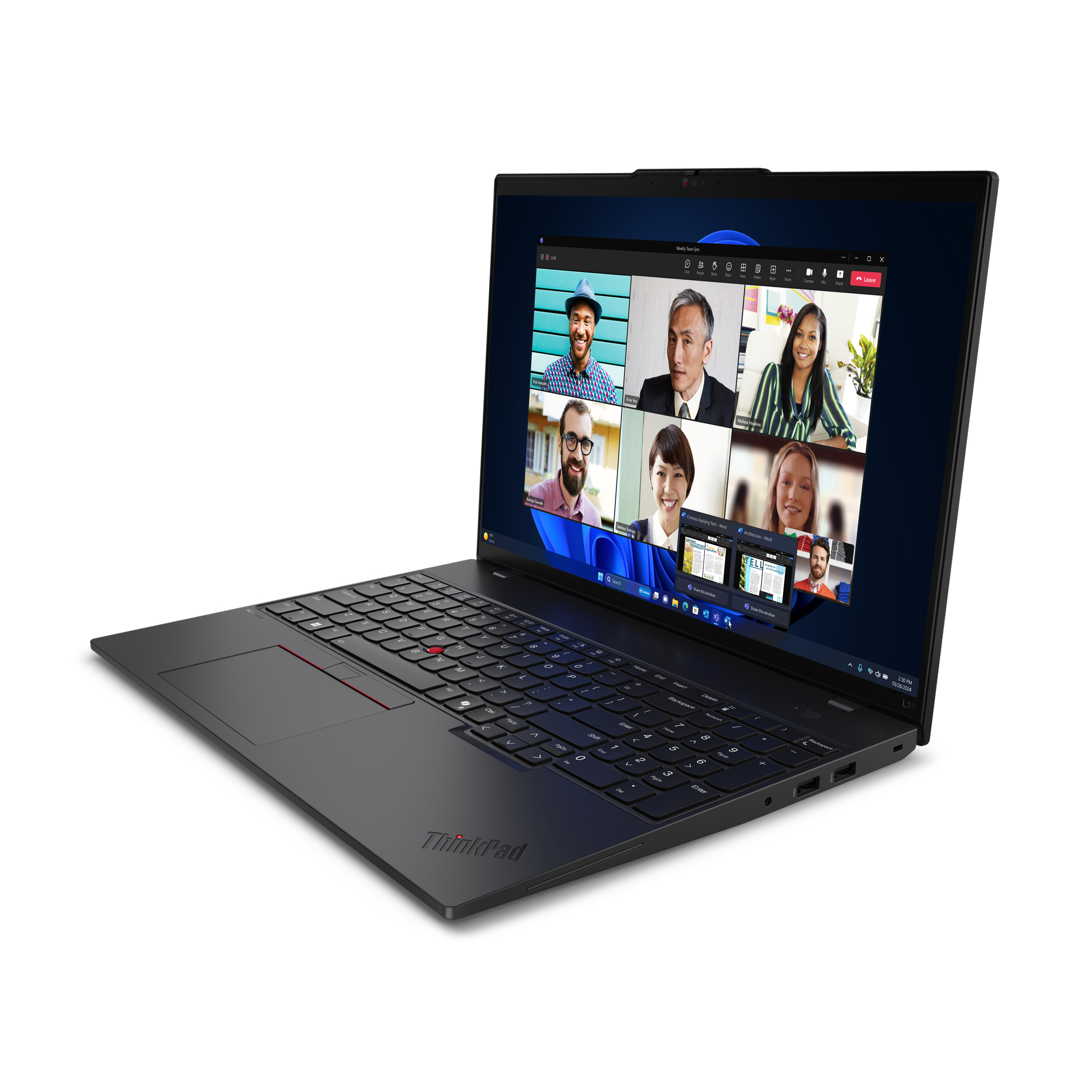 Un laptop ThinkPad nero in videoconferenza con più partecipanti sullo schermo.