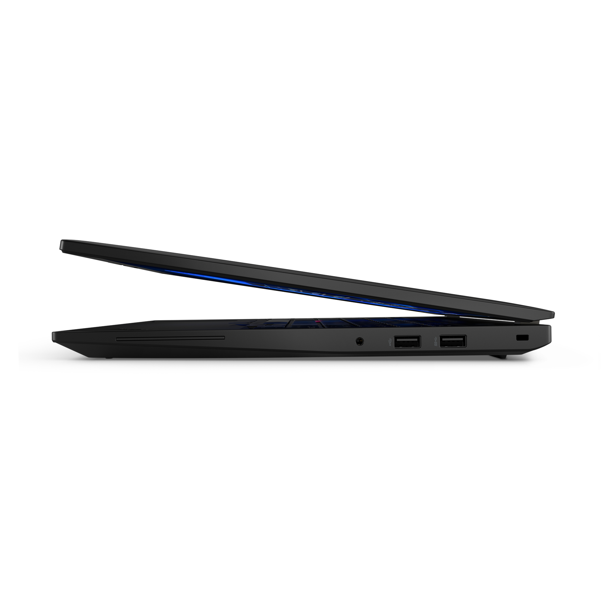 Un laptop nero con il coperchio leggermente aperto, che mostra il profilo laterale con le porte.