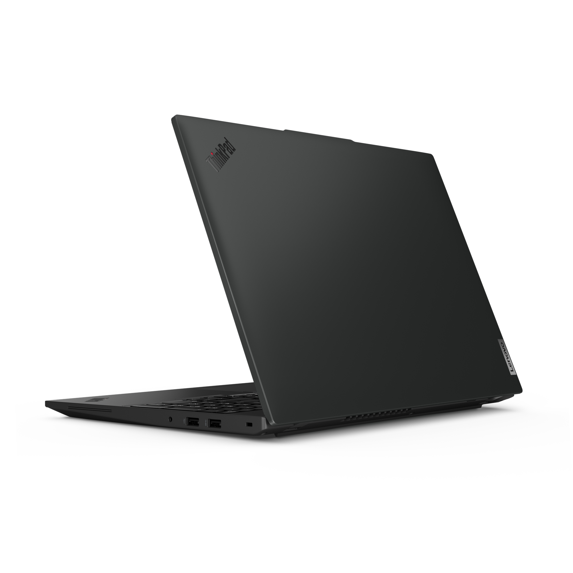 Laptop Lenovo ThinkPad nero. Il laptop è chiuso, mostrando il retro dello schermo.