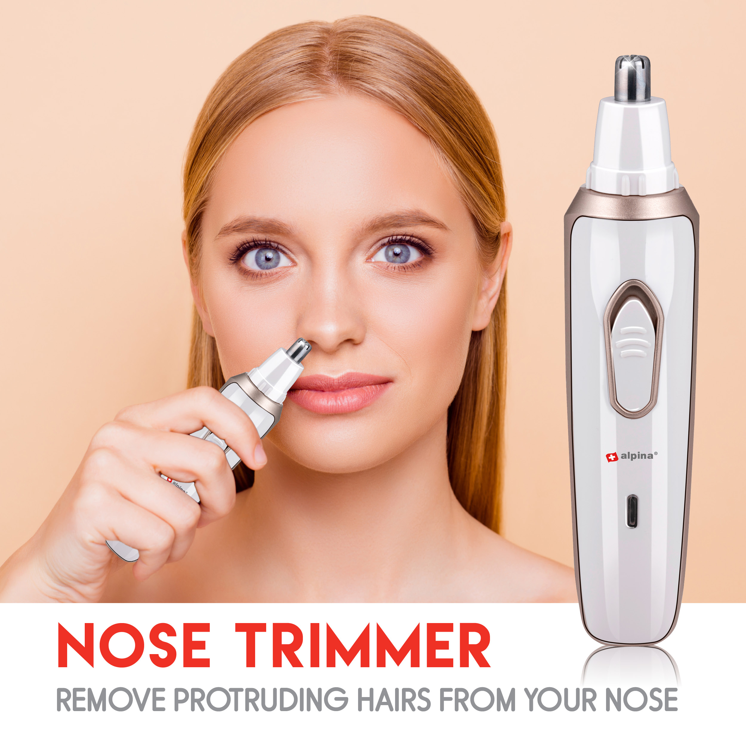Frau benutzt Nasenhaartrimmer. Produktdetails rechts. Hintergrund hellbeige.