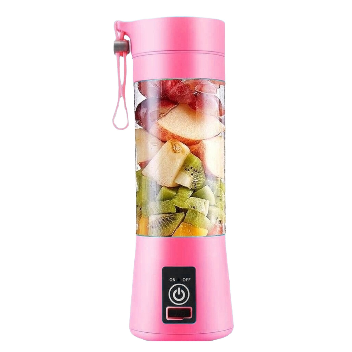 Rosa tragbarer Mixer mit Früchten, darunter Apfel- und Kiwischeiben.