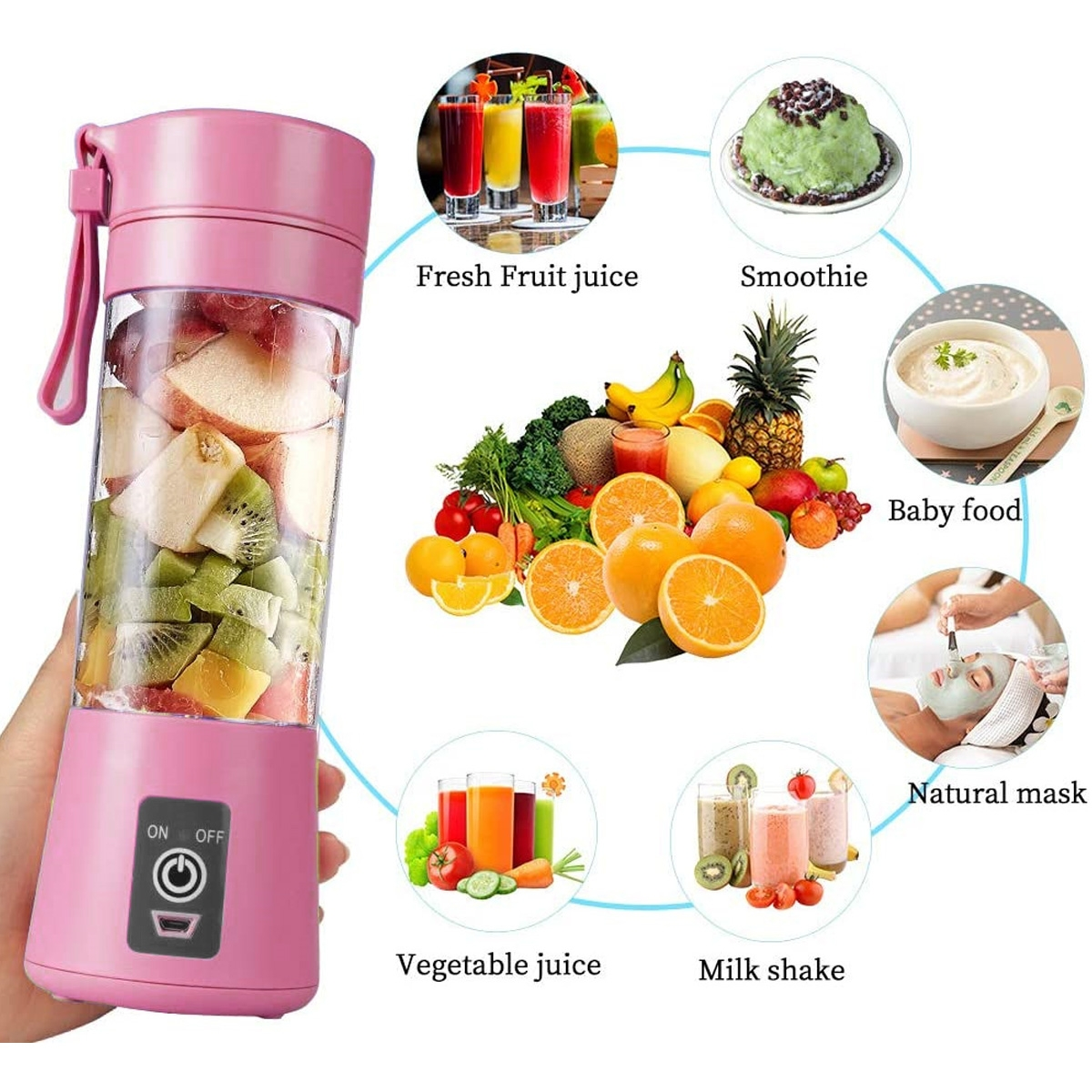 Ein rosa Mixer mit Früchten und Essen drumherum. Mehrere Bilder zeigen Speisen, die hergestellt werden können.