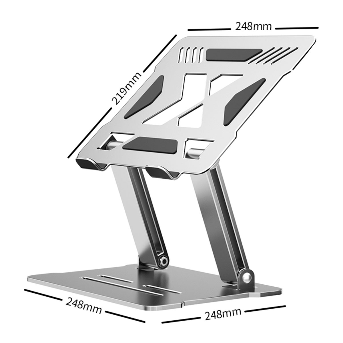 Silberner Laptopständer mit den Maßen 248mm x 219mm x 248mm.