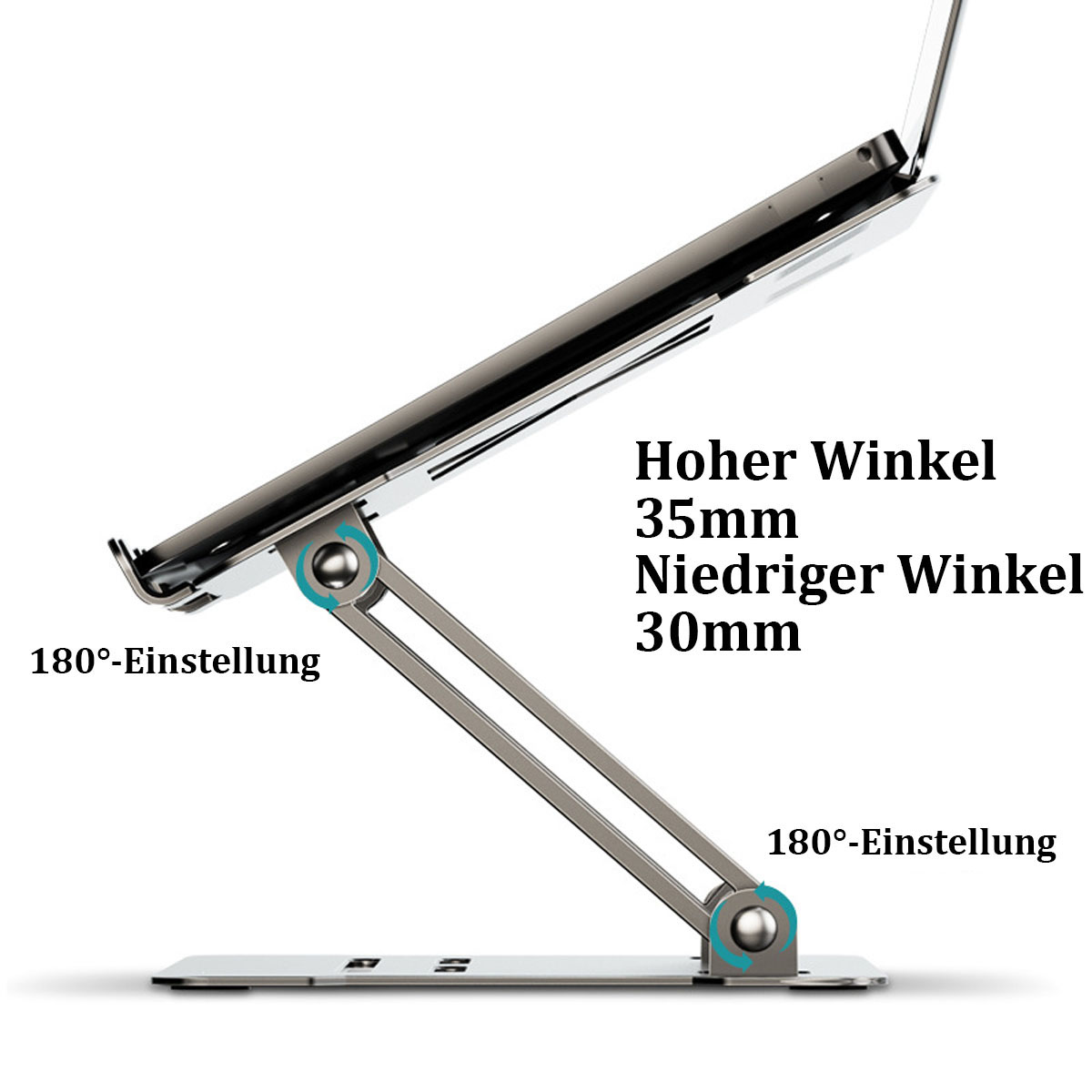 Laptopständer mit einstellbarem Winkel. Silberfarben mit Text zu Winkeleinstellungen.