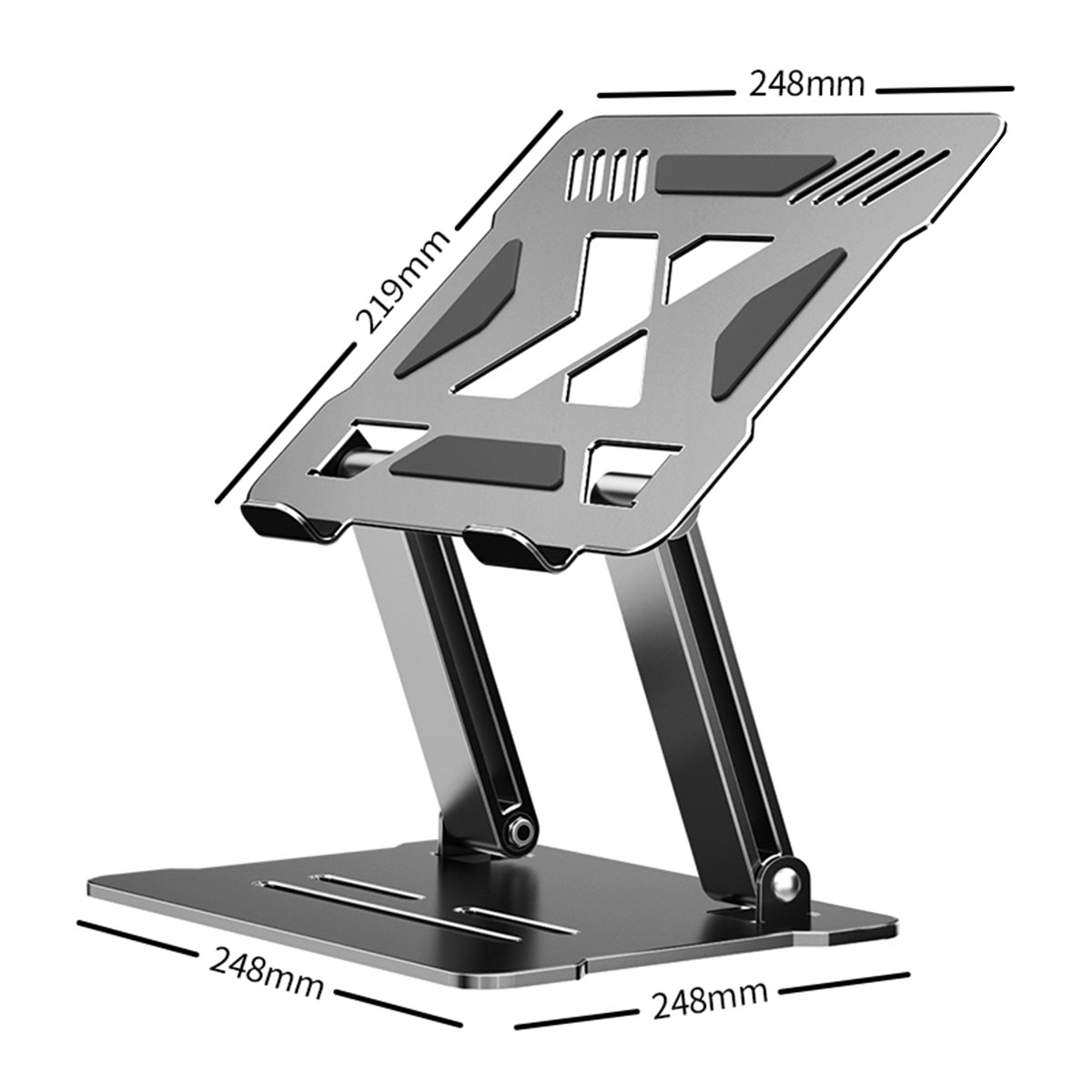 Silberner Laptopständer. Der Ständer hat eine Basis, einen abgewinkelten Arm und eine Oberseite mit Lüftungslöchern.
