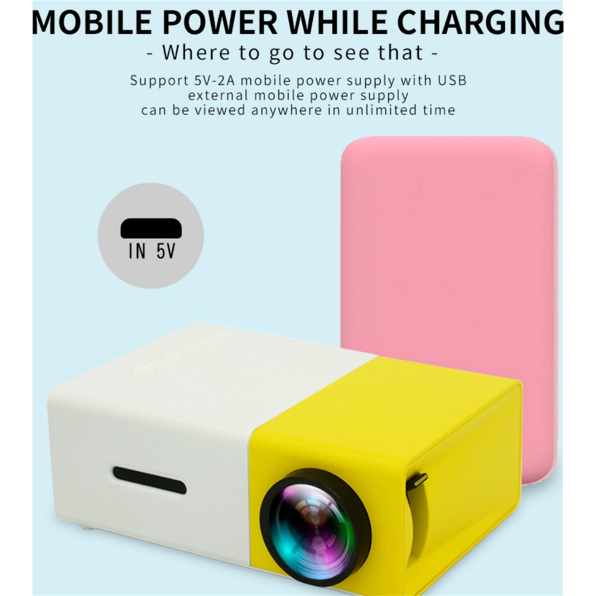 Ein weißer und gelber Projektor mit einer rosa Powerbank rechts.