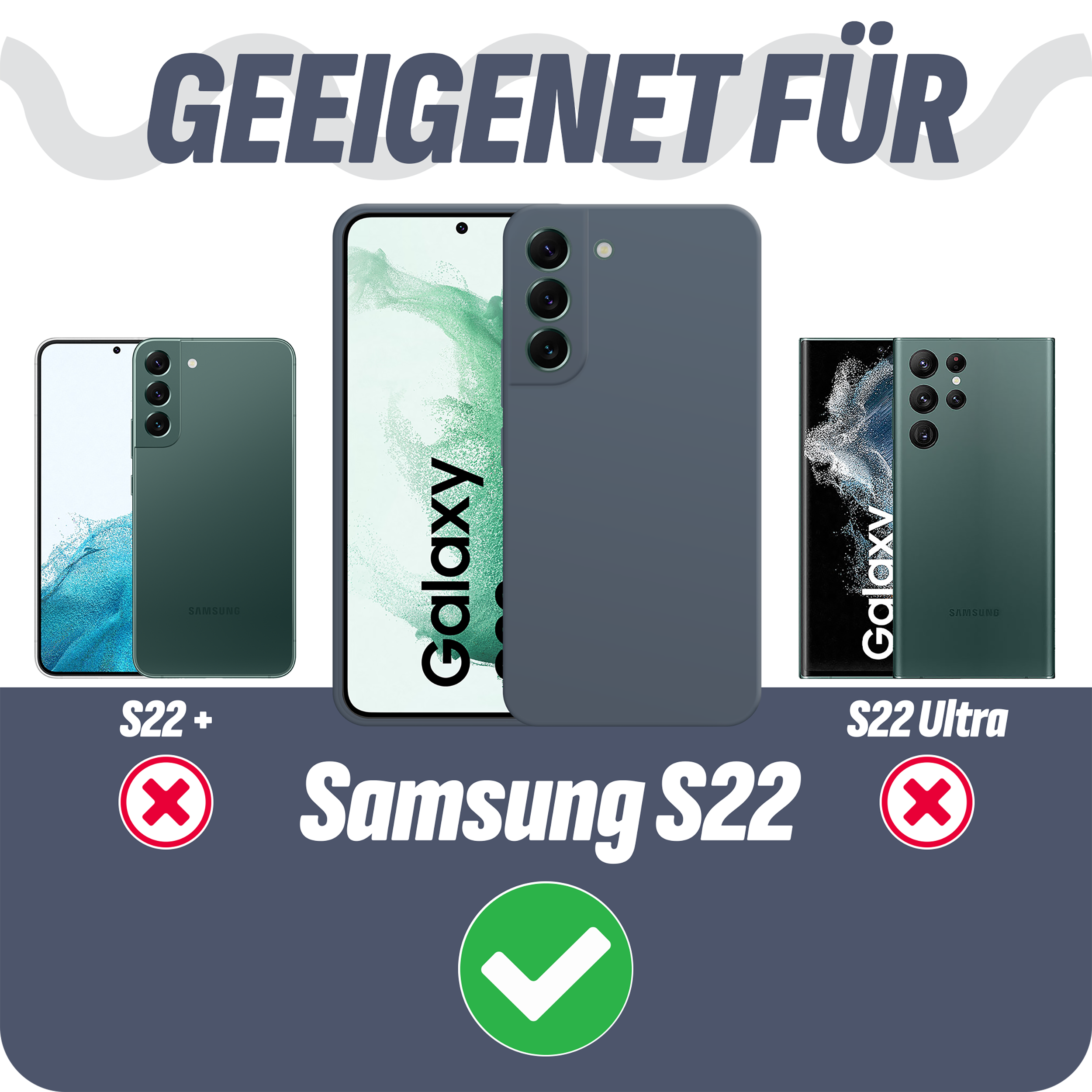 Das Bild zeigt Samsung S22-Telefone und -Hüllen. Text zeigt Kompatibilität an. Grünes Häkchen für Samsung S22.