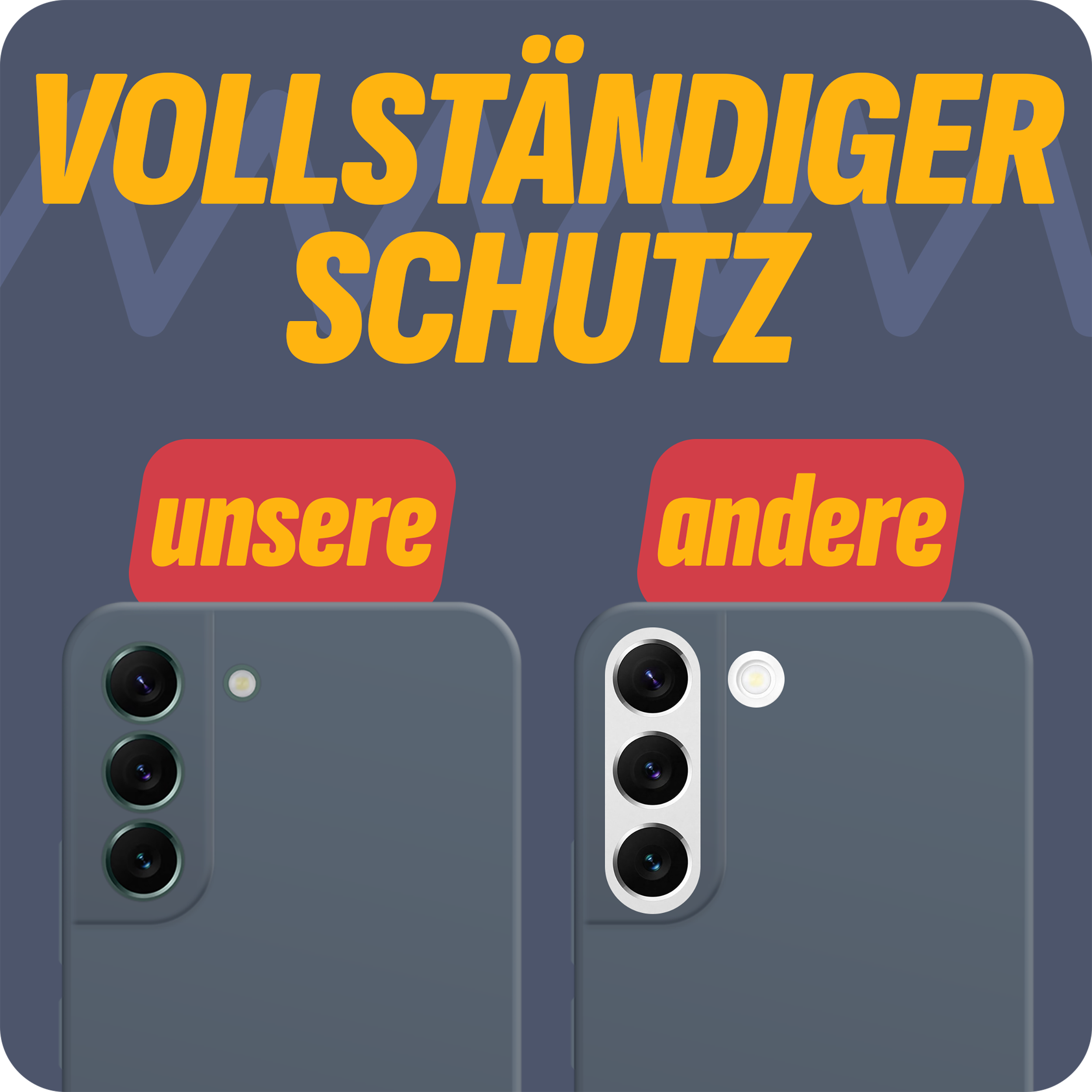 Zwei Handyhüllen nebeneinander. Eine mit 'unsere' und die andere mit 'andere'.