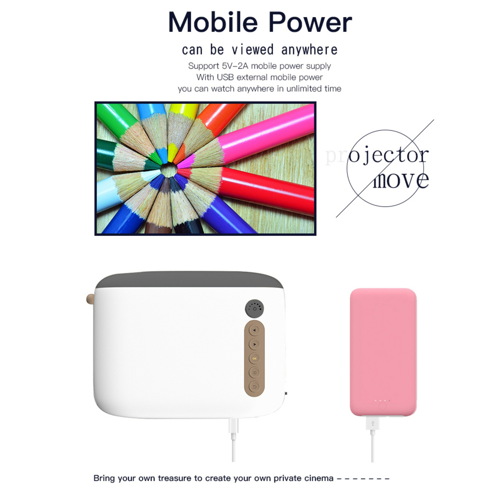 Ein Projektor mit einer pinken Powerbank und einer bunten Bleistiftanordnung.