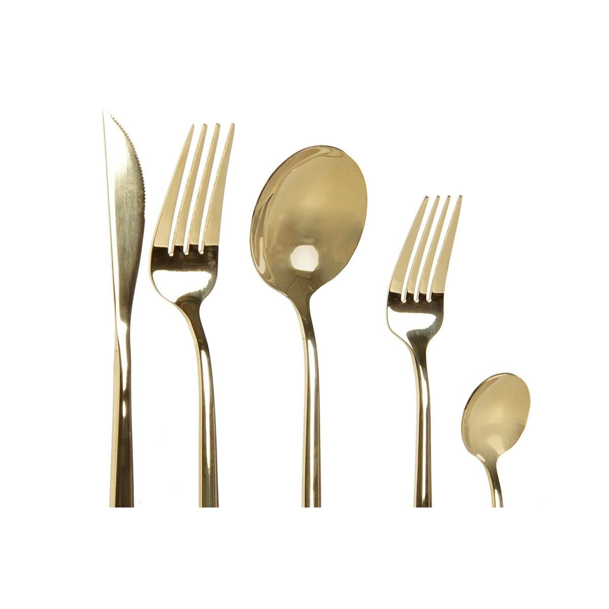 Set di posate color oro composto da coltello, forchette, cucchiaio e cucchiaino.