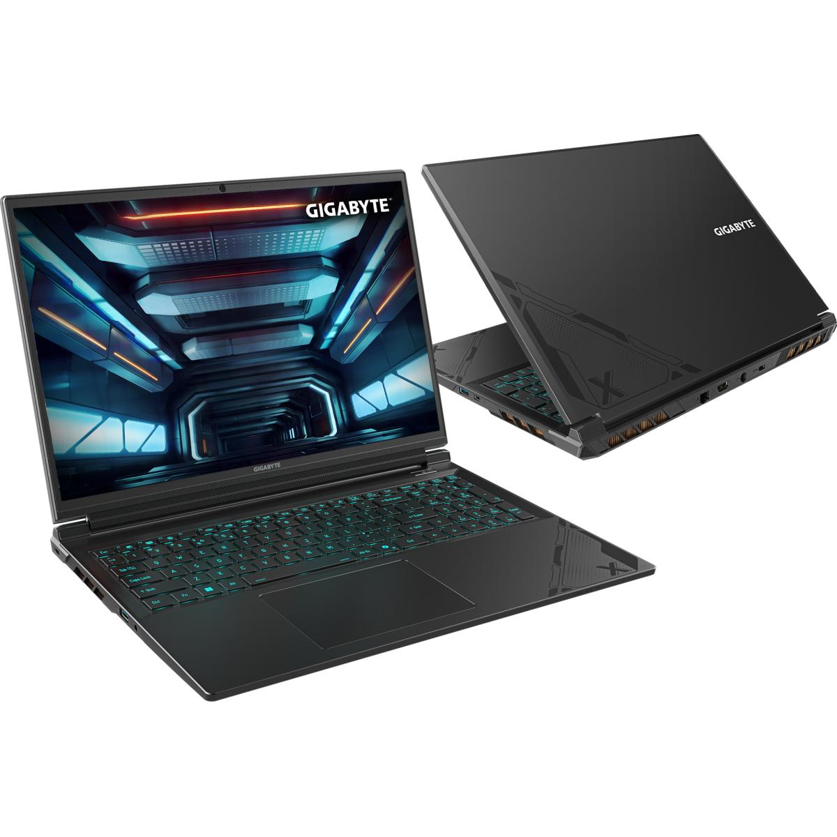 Schwarzer GIGABYTE Laptop, geöffnet und geschlossen, Tastatur und Rückseite zeigend. Beleuchtete Tastatur.