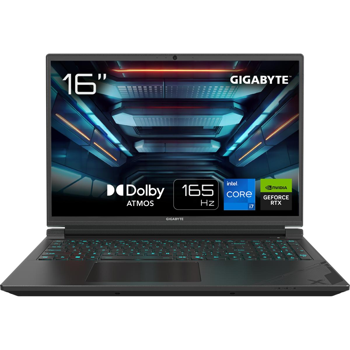 Schwarzer und grauer Gigabyte Laptop mit 16-Zoll-Bildschirm, auf weißem Grund.