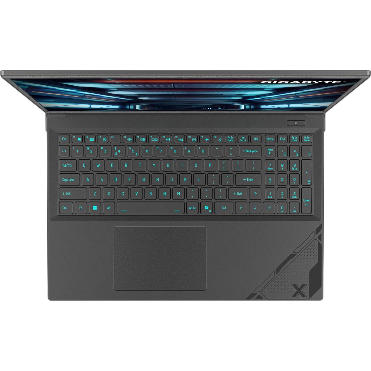 Laptop-Draufsicht. Tastatur, Touchpad und Design. Der Laptop ist geöffnet.
