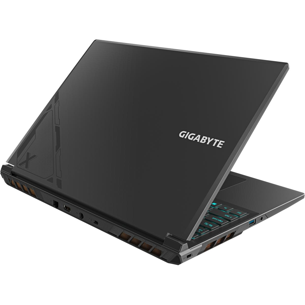 Schwarzer Gaming-Laptop mit Tastatur, von hinten, auf weißem Hintergrund.