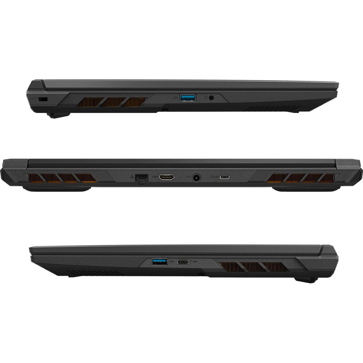 Drei Ansichten eines schwarzen Laptops, Seite, Vorder- und Oberseite, mit Lüftungsschlitzen und Anschlüssen.