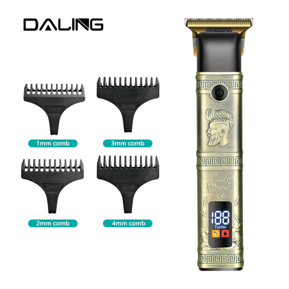 Ein goldfarbener Haarschneider mit 4 Kammaufsätzen, beschriftet mit 1mm, 2mm, 3mm und 4mm.