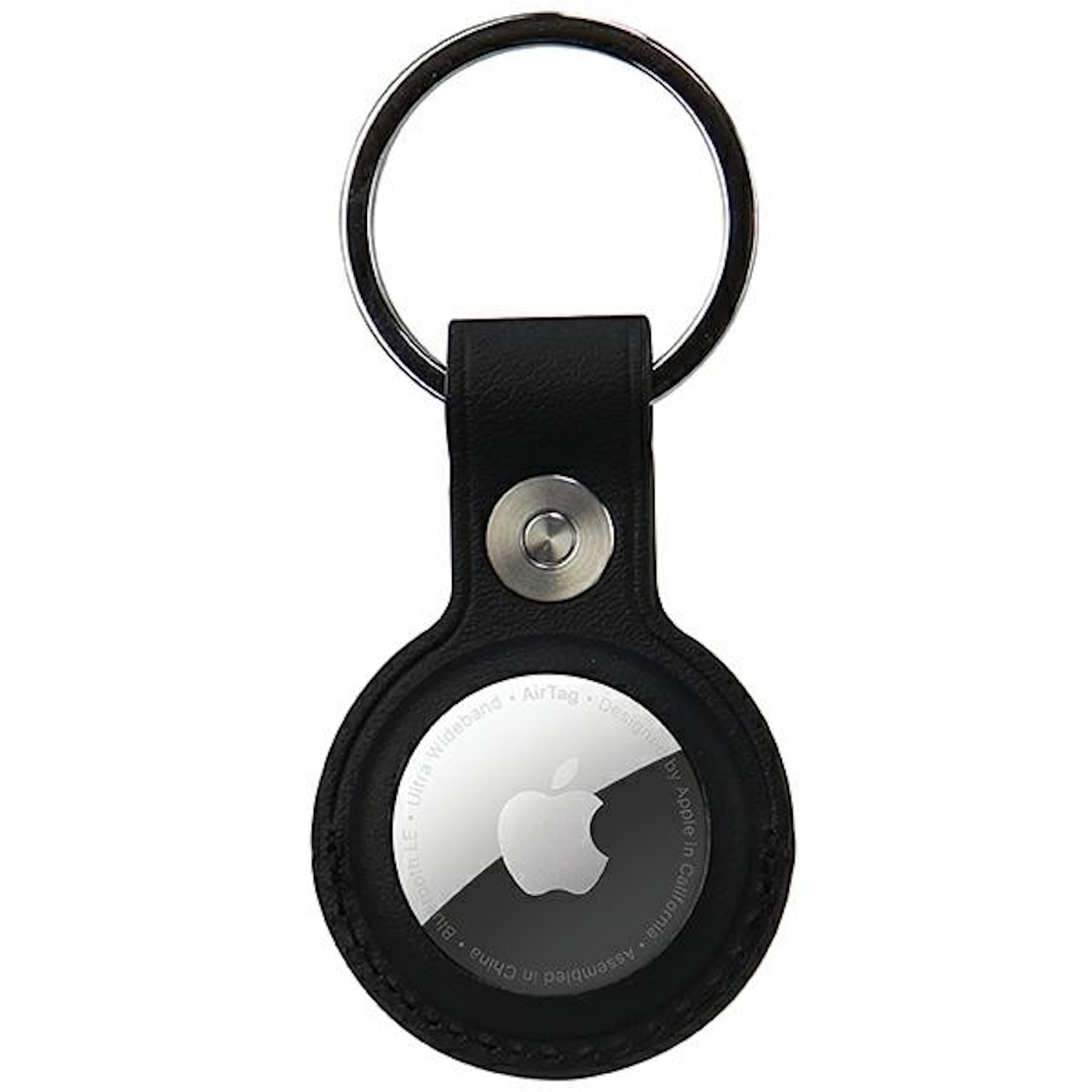 Ein schwarzer Leder-AirTag-Halter mit silbernem Apple-Logo. Er hat einen Schlüsselring.