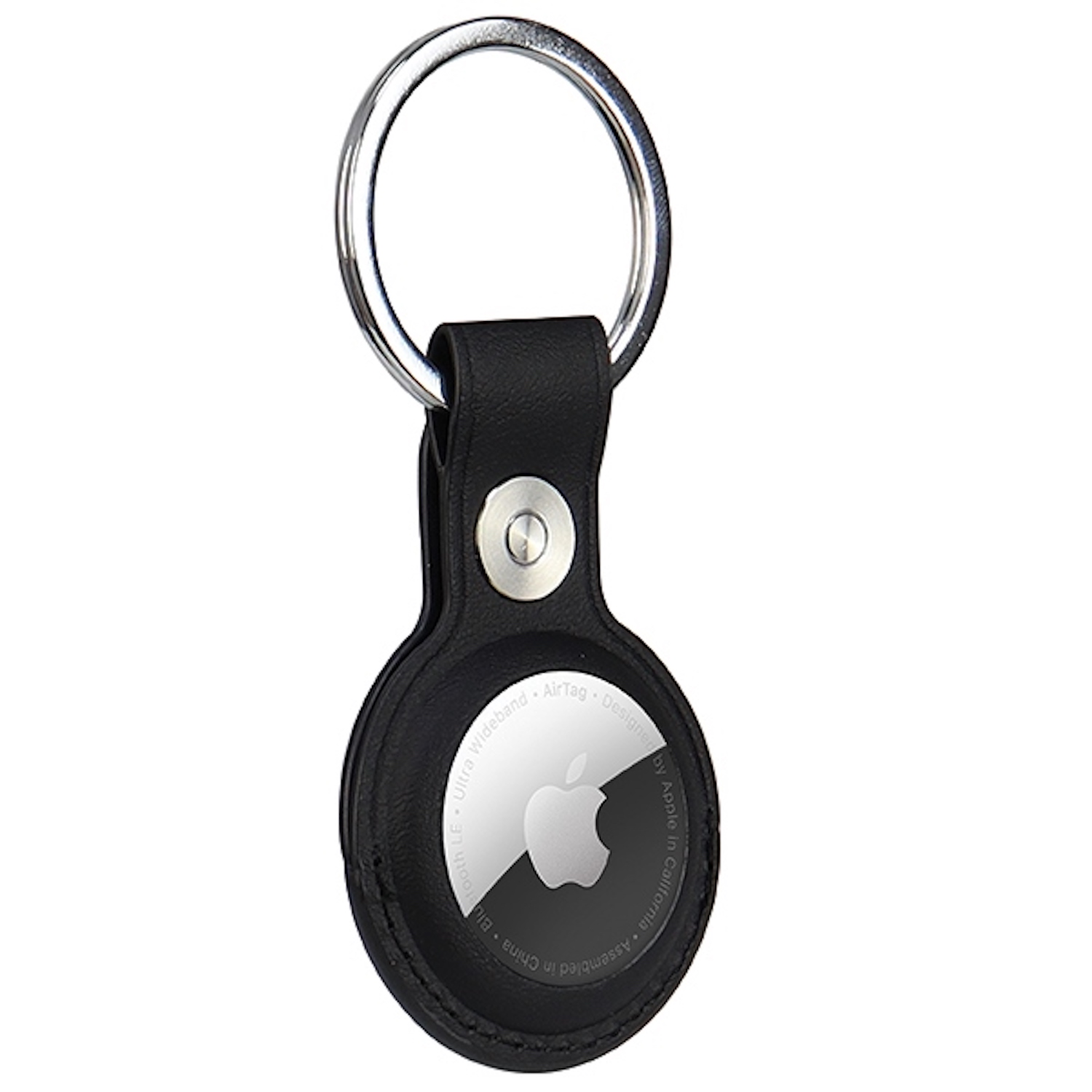Schwarzer Leder-AirTag-Halter mit Silberring und Apple-Logo, weißer Hintergrund.