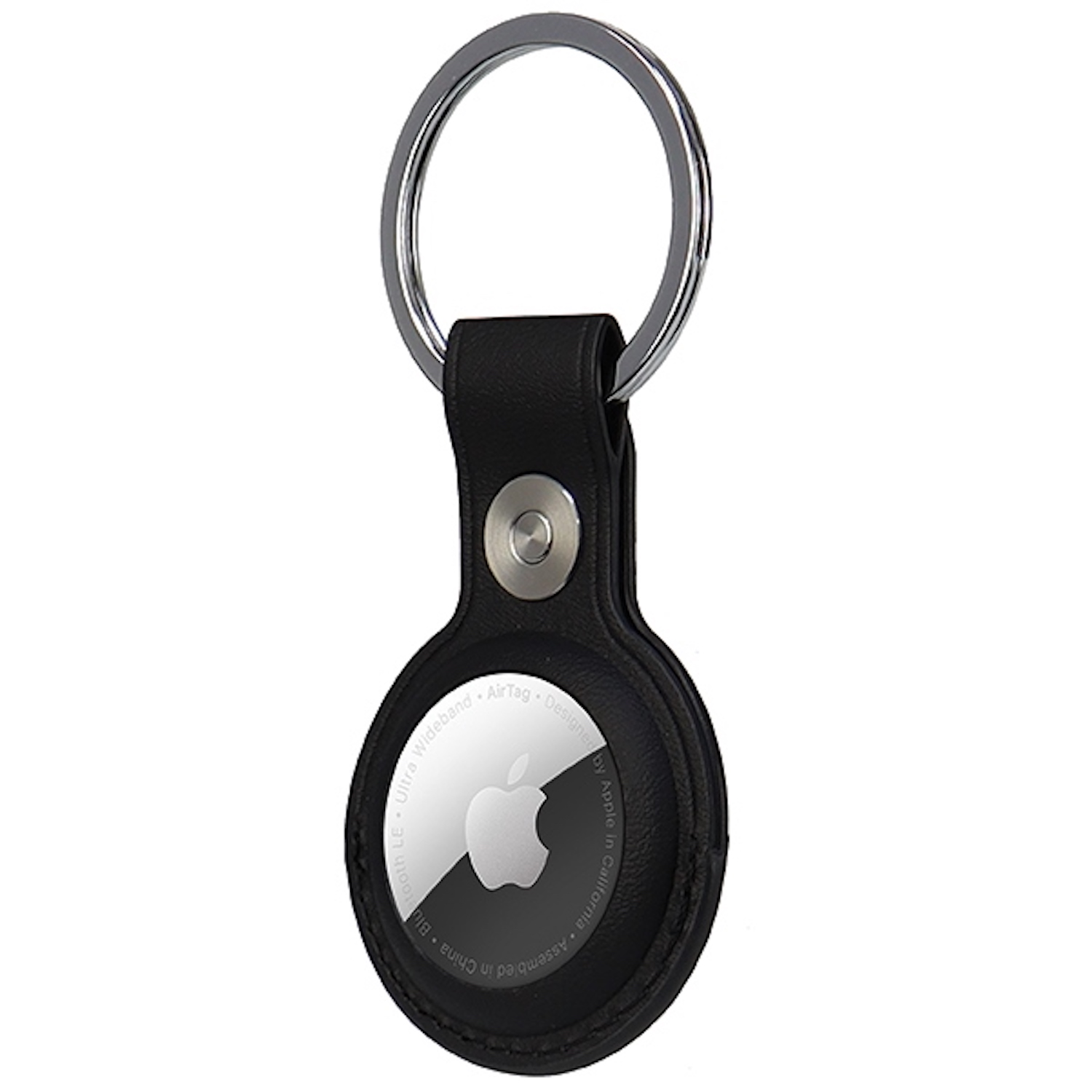 Schwarzer Leder-Apple-AirTag-Halter mit silbernem Schlüsselring.