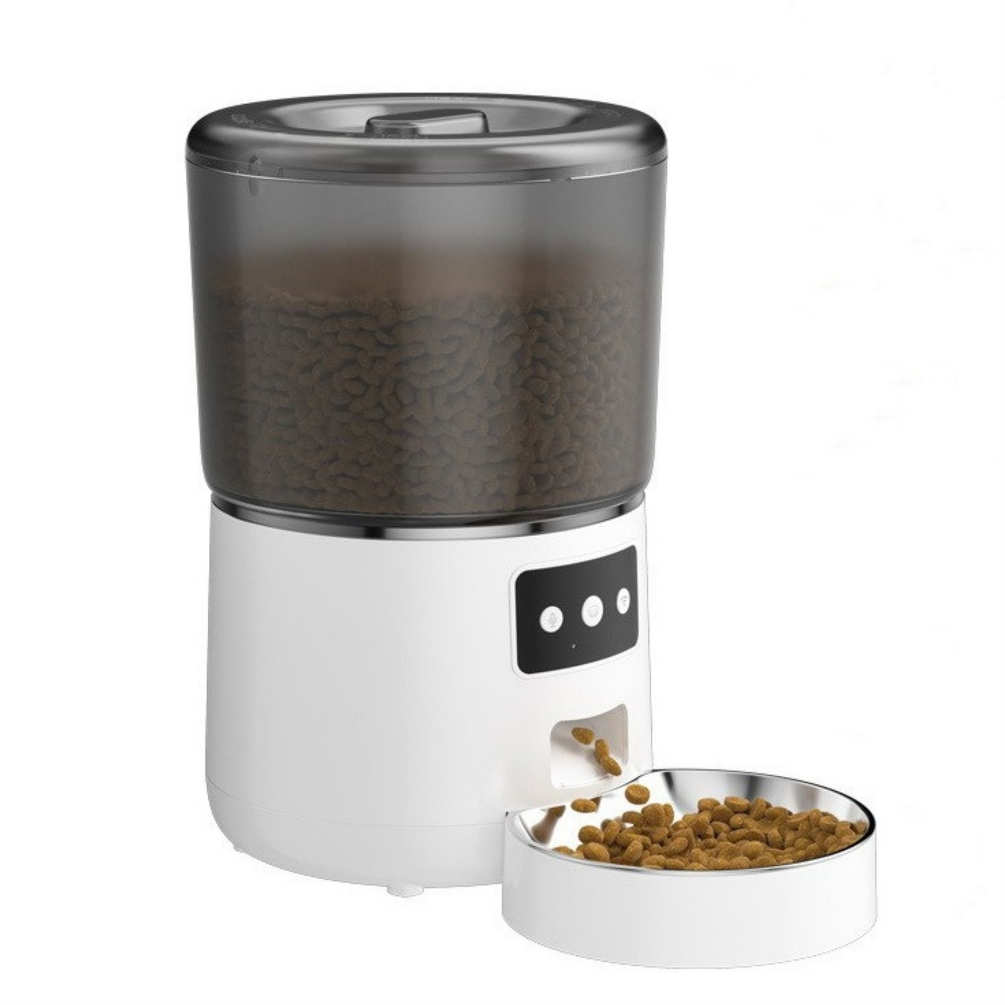 Weißer Haustierfutterautomat mit einem transparenten Behälter voller Tierfutter und einer Metallschüssel.