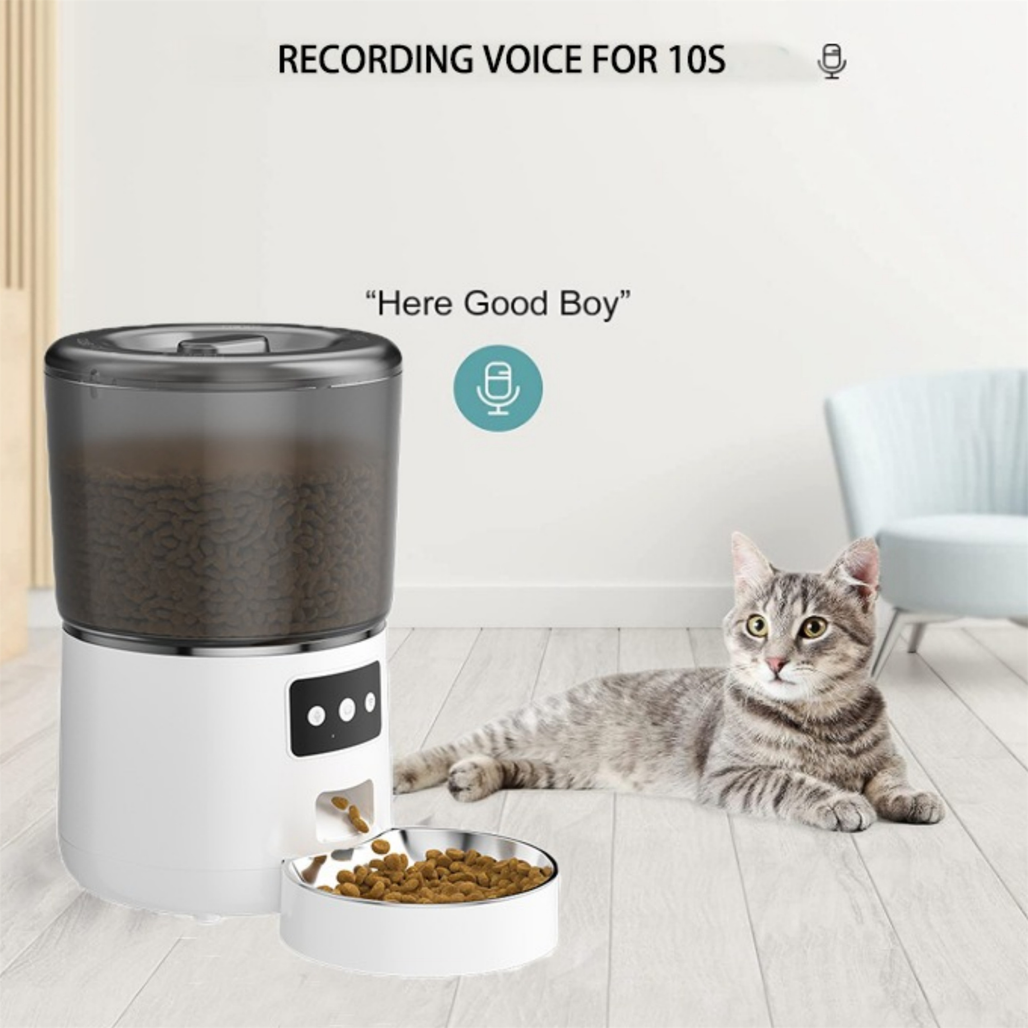 Automatischer Futterautomat mit Katze und Text „Here Good Boy“.