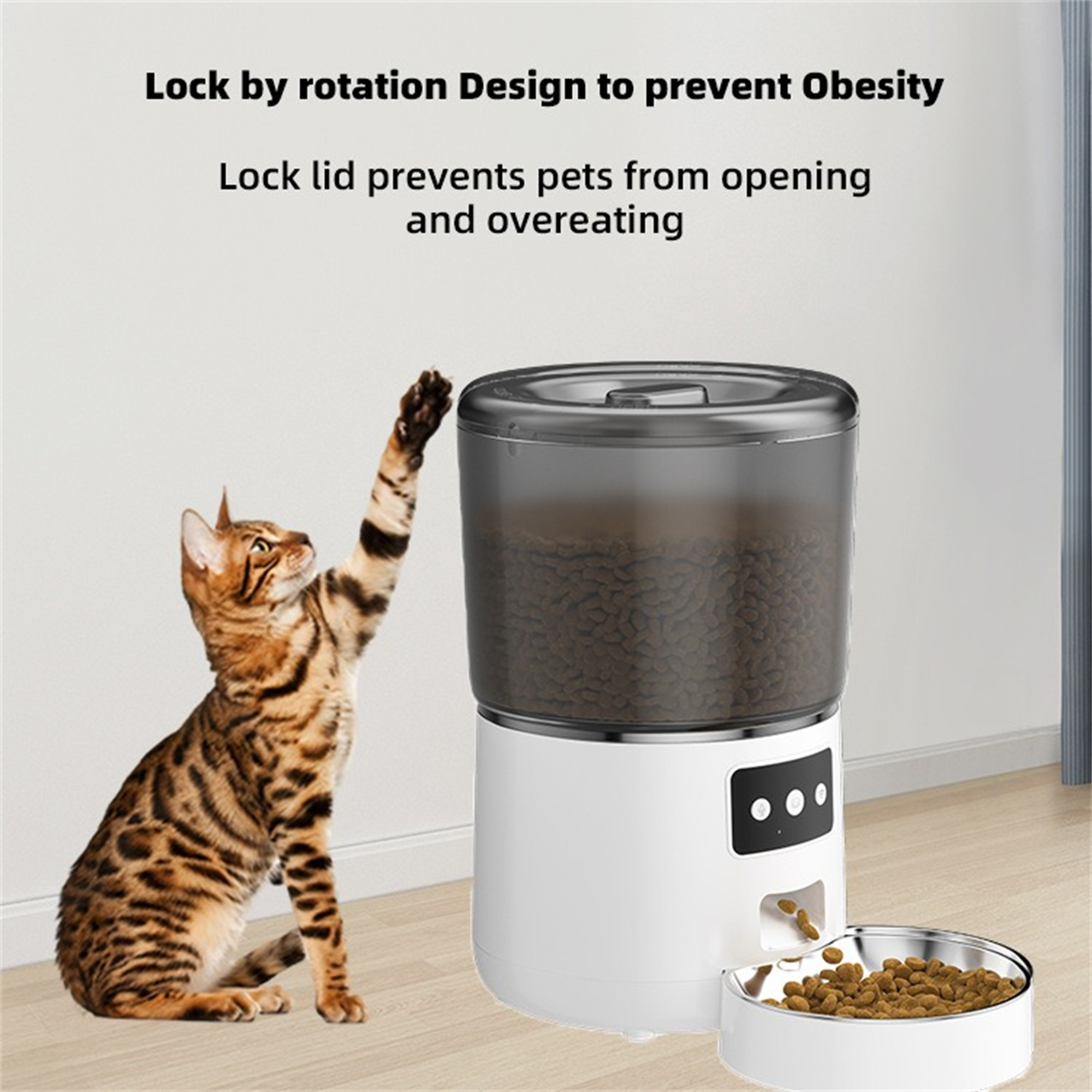 Eine Katze, die nach Futter aus einem weißen und grauen automatischen Futterautomaten greift, mit Text darüber.