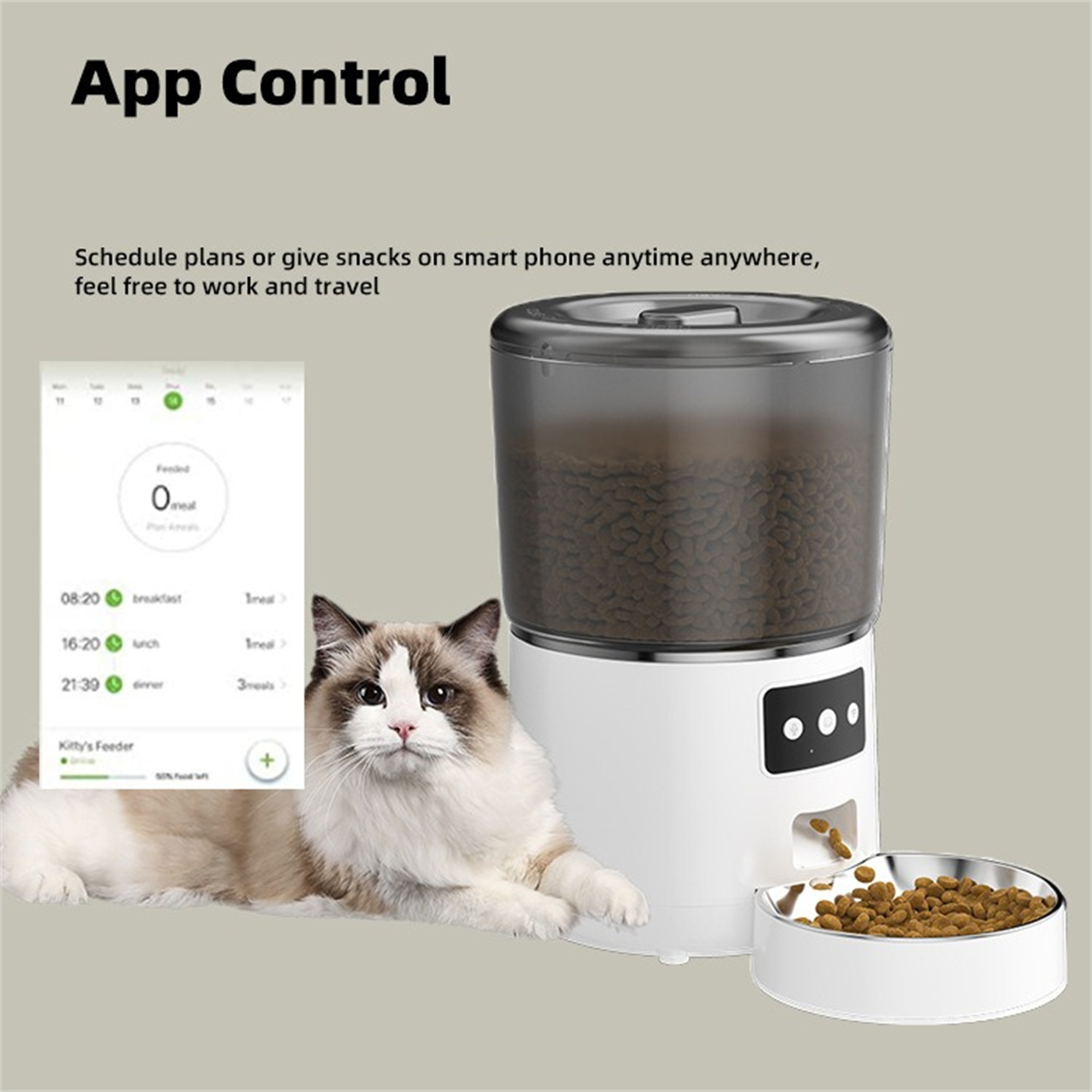 Ein weiß-schwarzer Futterautomat mit Katze und Telefonbildschirm mit Zeitplan.