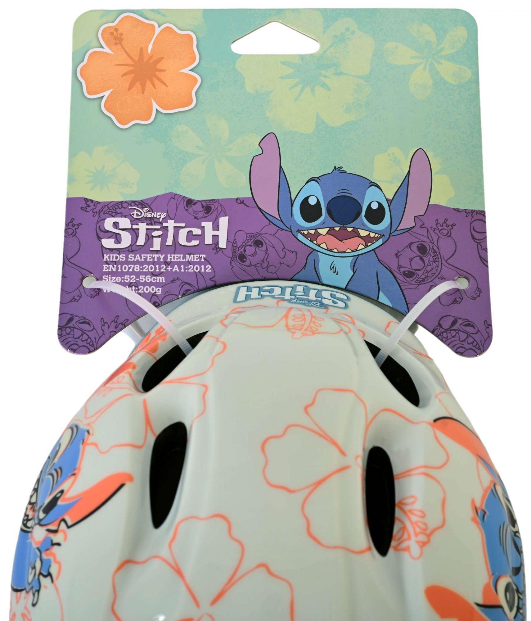 Ein Stitch-Helm mit einem Charakterbild auf einer Disney-Marke.