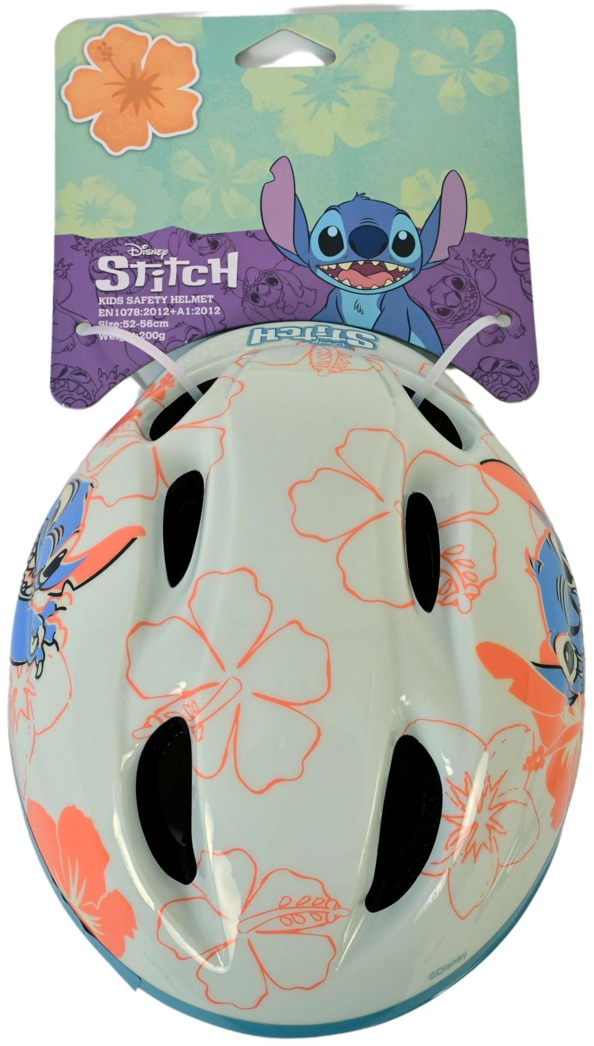 Weißer Kinder-Schutzhelm mit Stitch-Cartoon-Design und Blumenmustern.