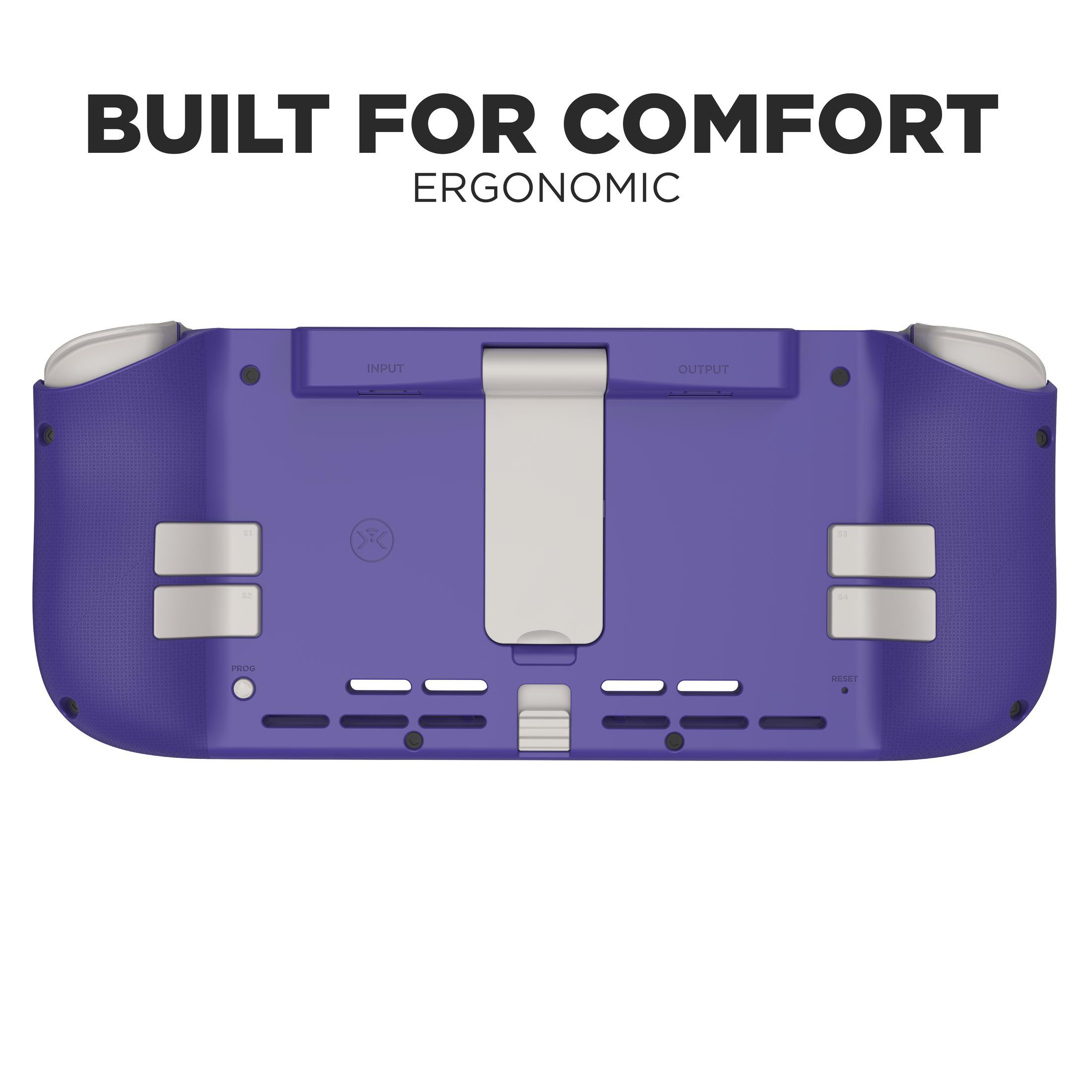 Lila Gamecontroller, mit beschrifteten Tasten und einem Ständer.