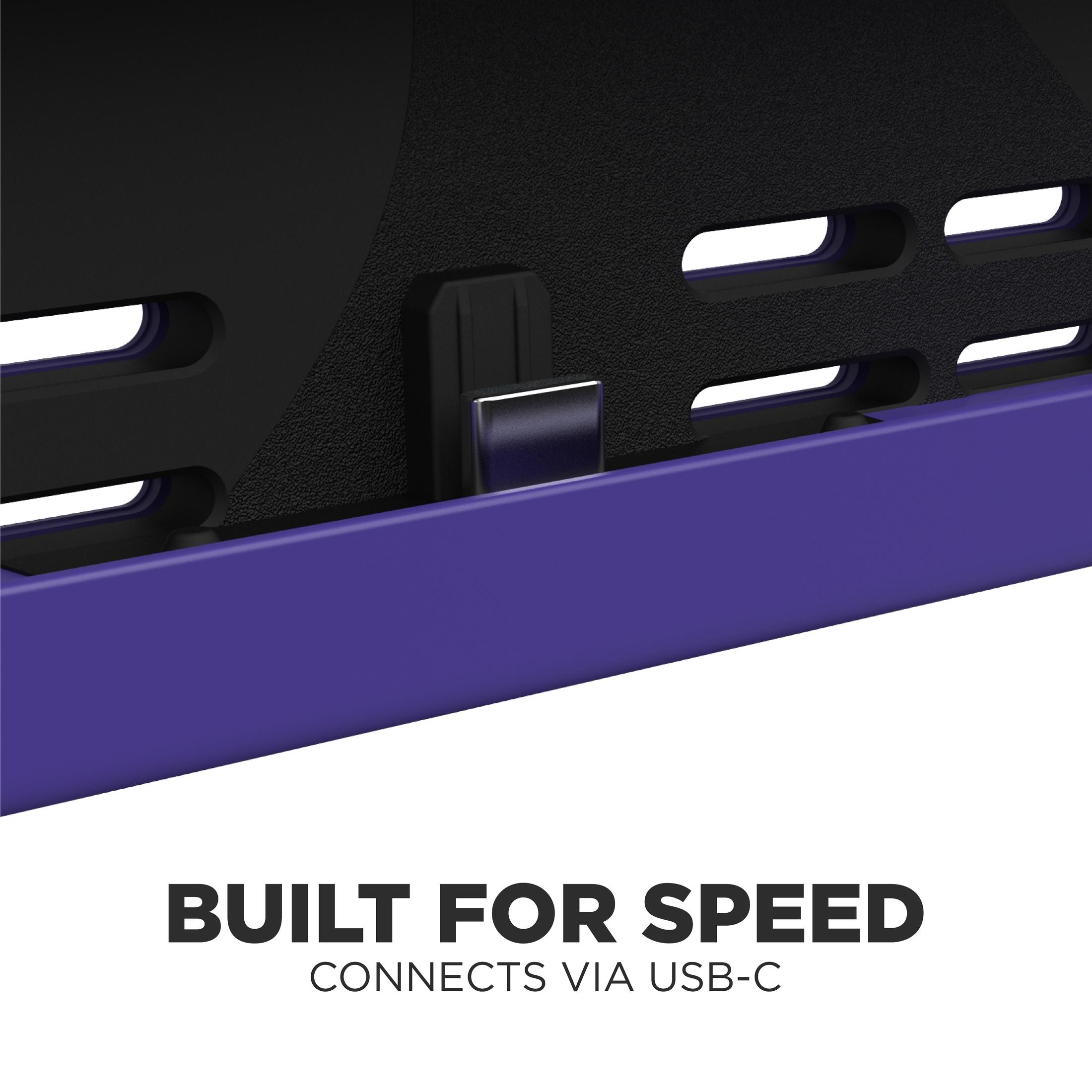 Nahaufnahme eines schwarzen Geräts mit lila Akzent. USB-C-Anschluss gezeigt. Text: Gebaut für Geschwindigkeit.