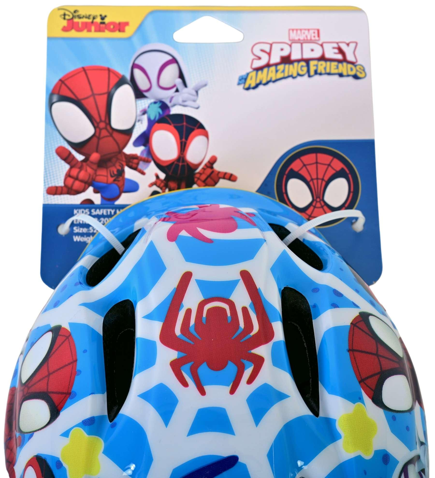 Spider-Man Helm für Kinder. Blau mit roten Spinnennetzen und Spidey-Logos, mit Spidey- und Freunde-Grafik oben.