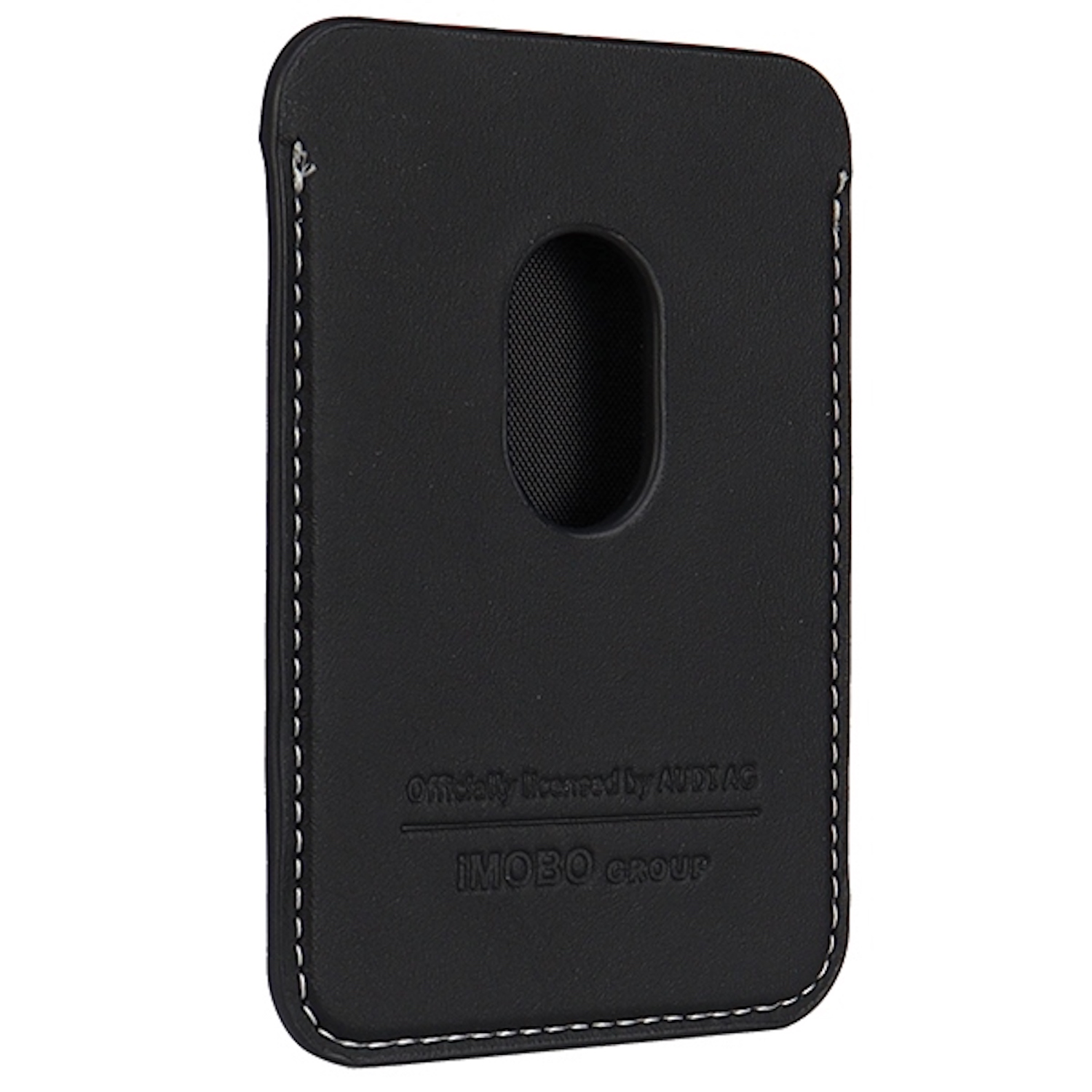 Custodia nera per telefono con foro per fotocamera, cuciture bianche e logo.