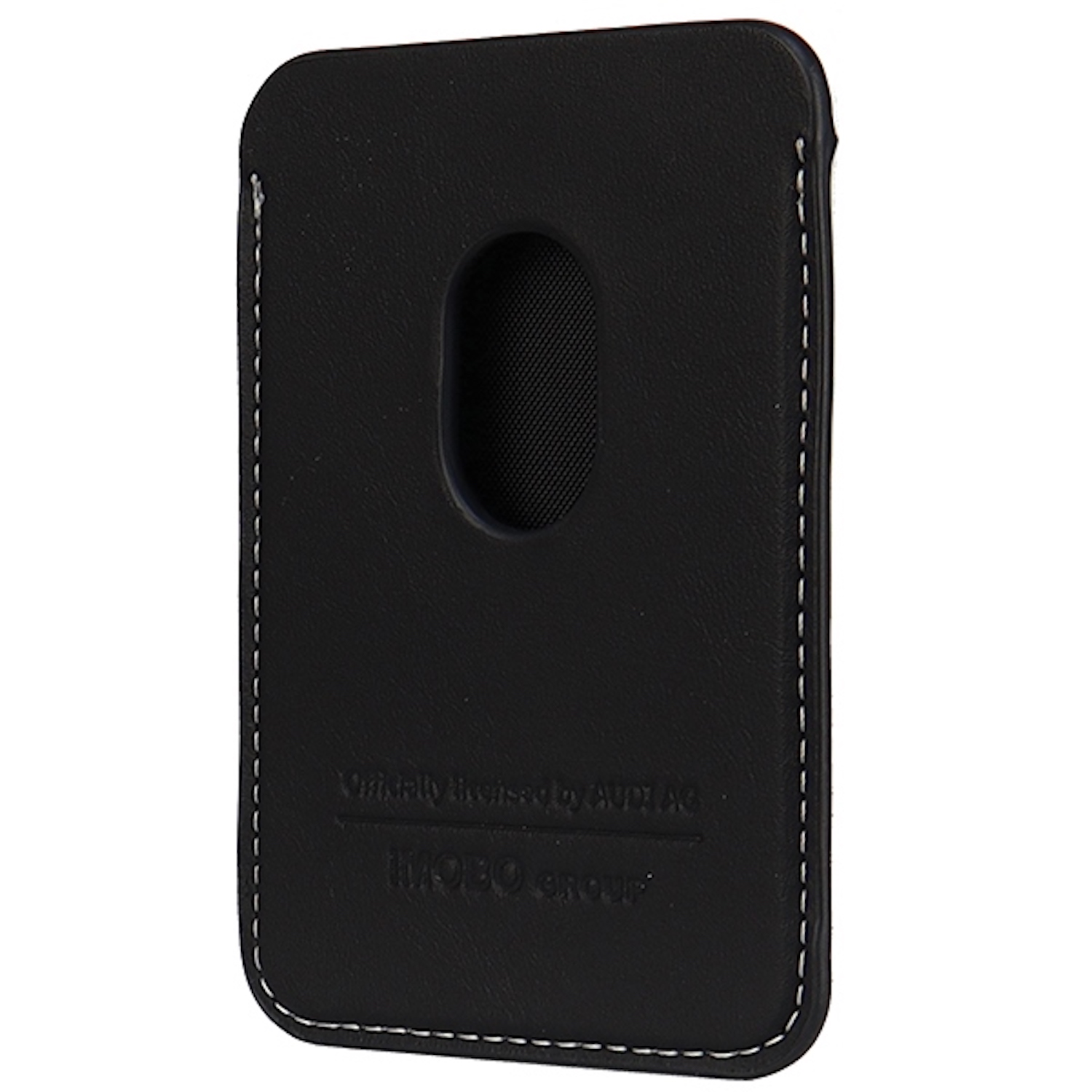 Una custodia per telefono in pelle nera con cuciture e un ritaglio per la fotocamera.
