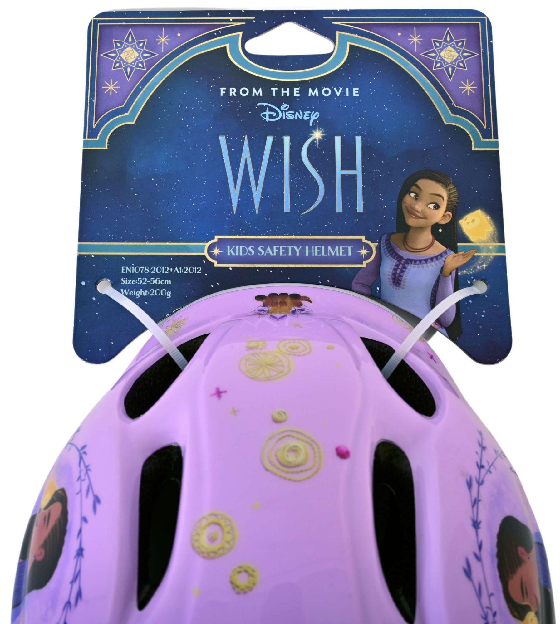 Ein lila Disney 'Wish' Kinderhelm mit einer Zeichentrickfigur auf dem Etikett.