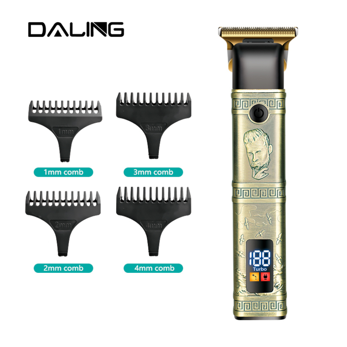 Ein goldfarbener Daling Haartrimmer mit vier Kammaufsätzen, auf weißem Hintergrund. Der Trimmer hat ein digitales Display.