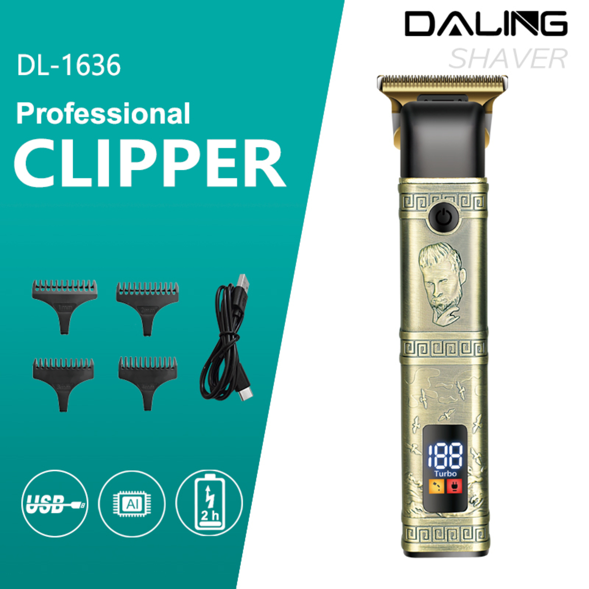 Professionelle Haarschneidemaschine mit Aufsätzen, USB-Ladekabel und Symbolen auf teal-farbenem Hintergrund.