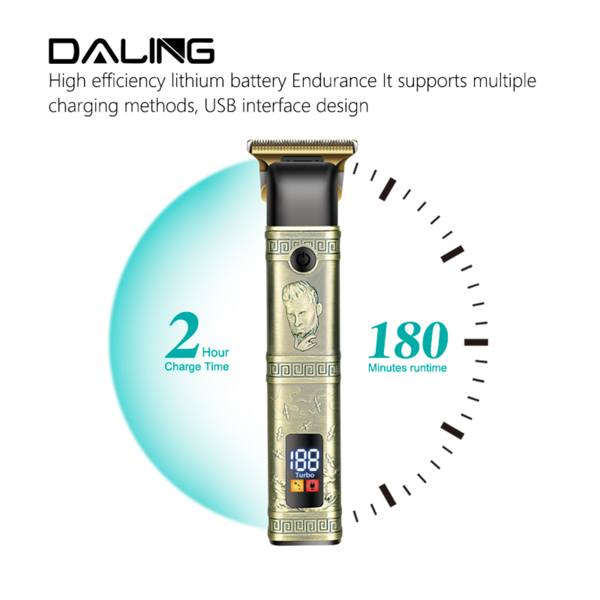 Elektrischer Haartrimmer in Gold und Schwarz mit Digitalanzeige, die Ladezeit und Laufzeit anzeigt.