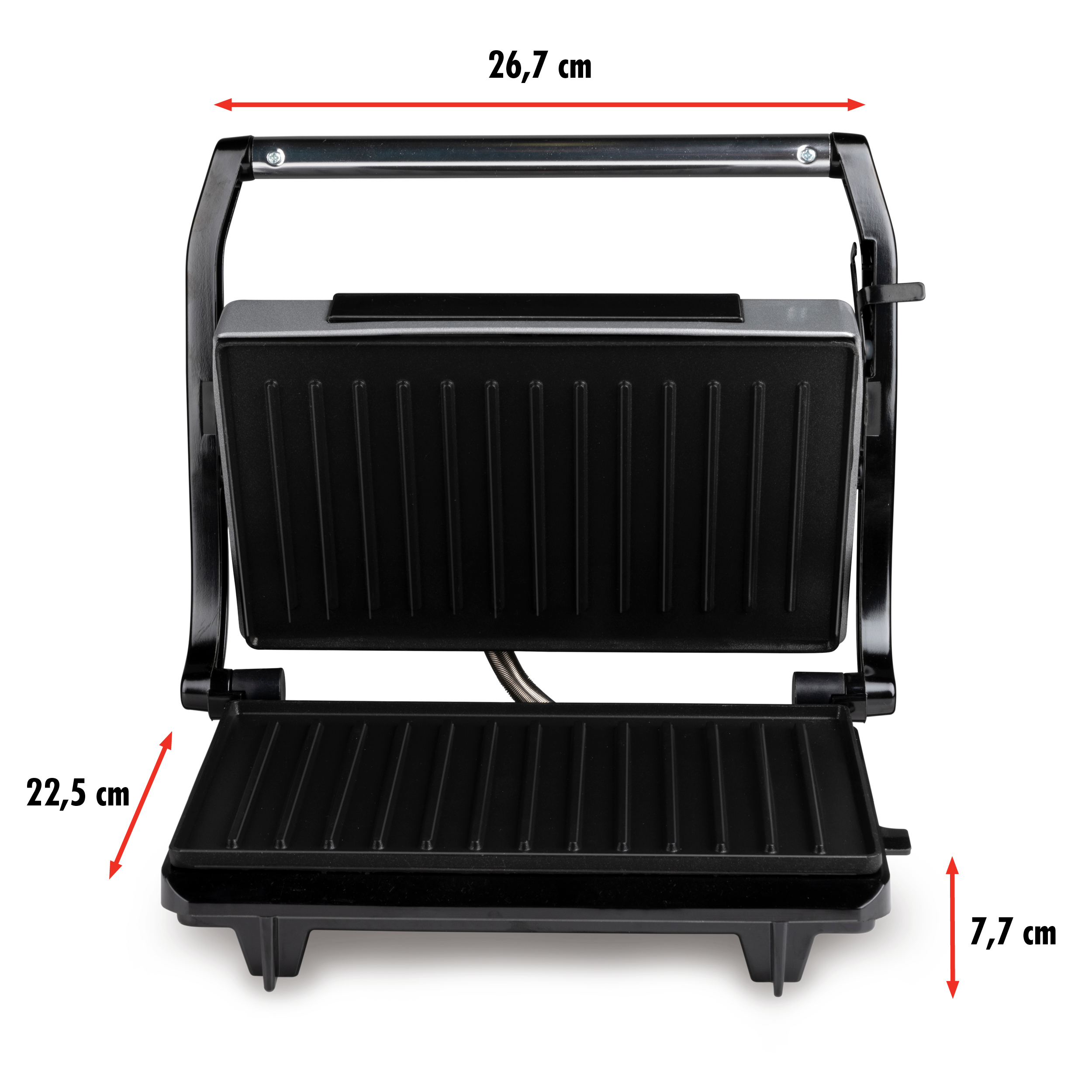 Black panini press, open, on white background. Measurements are included.
